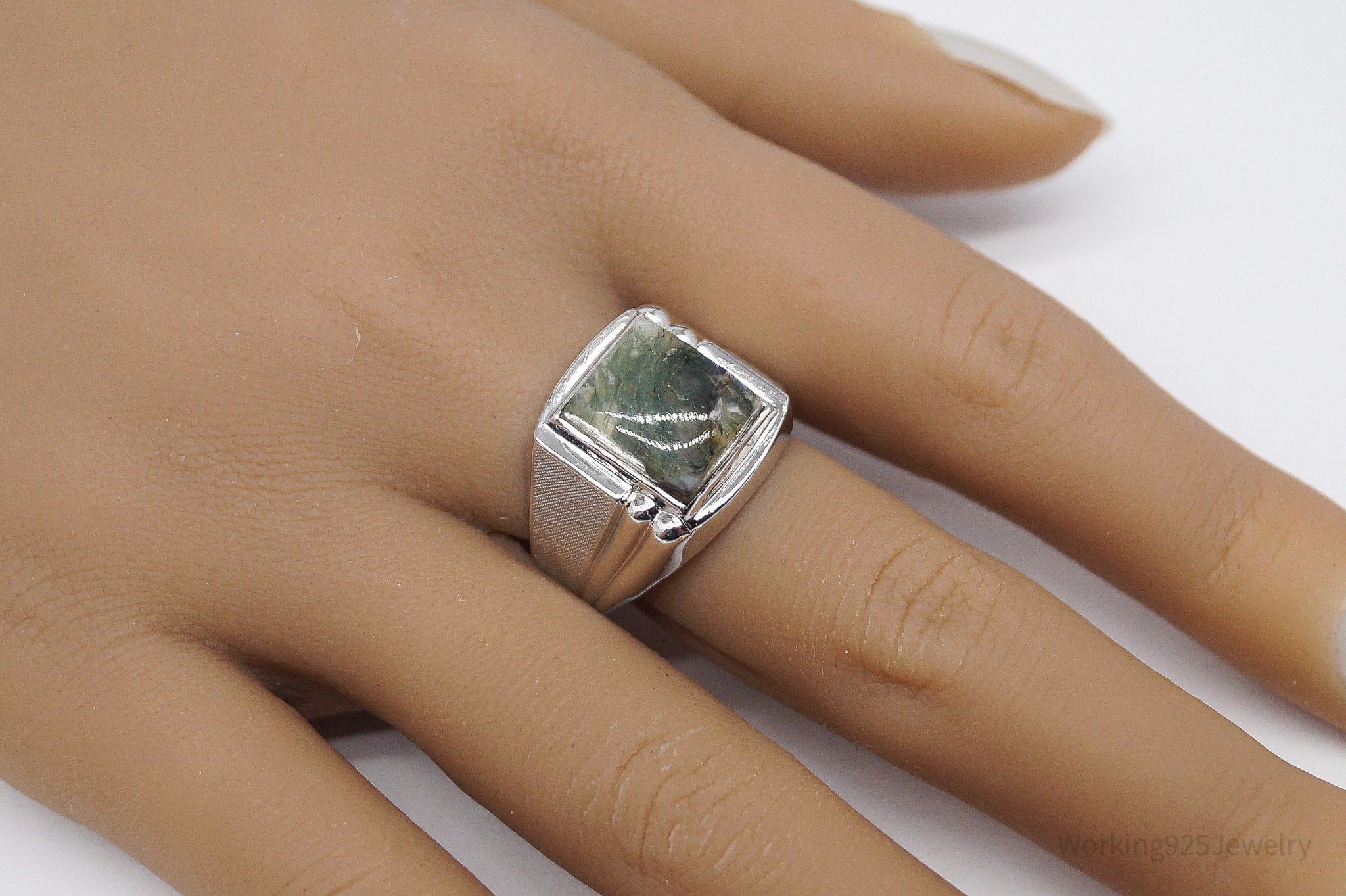 Vintage Vargas Mfg. Co. Moss Agate Sterling Silver Ring - Size 10.75