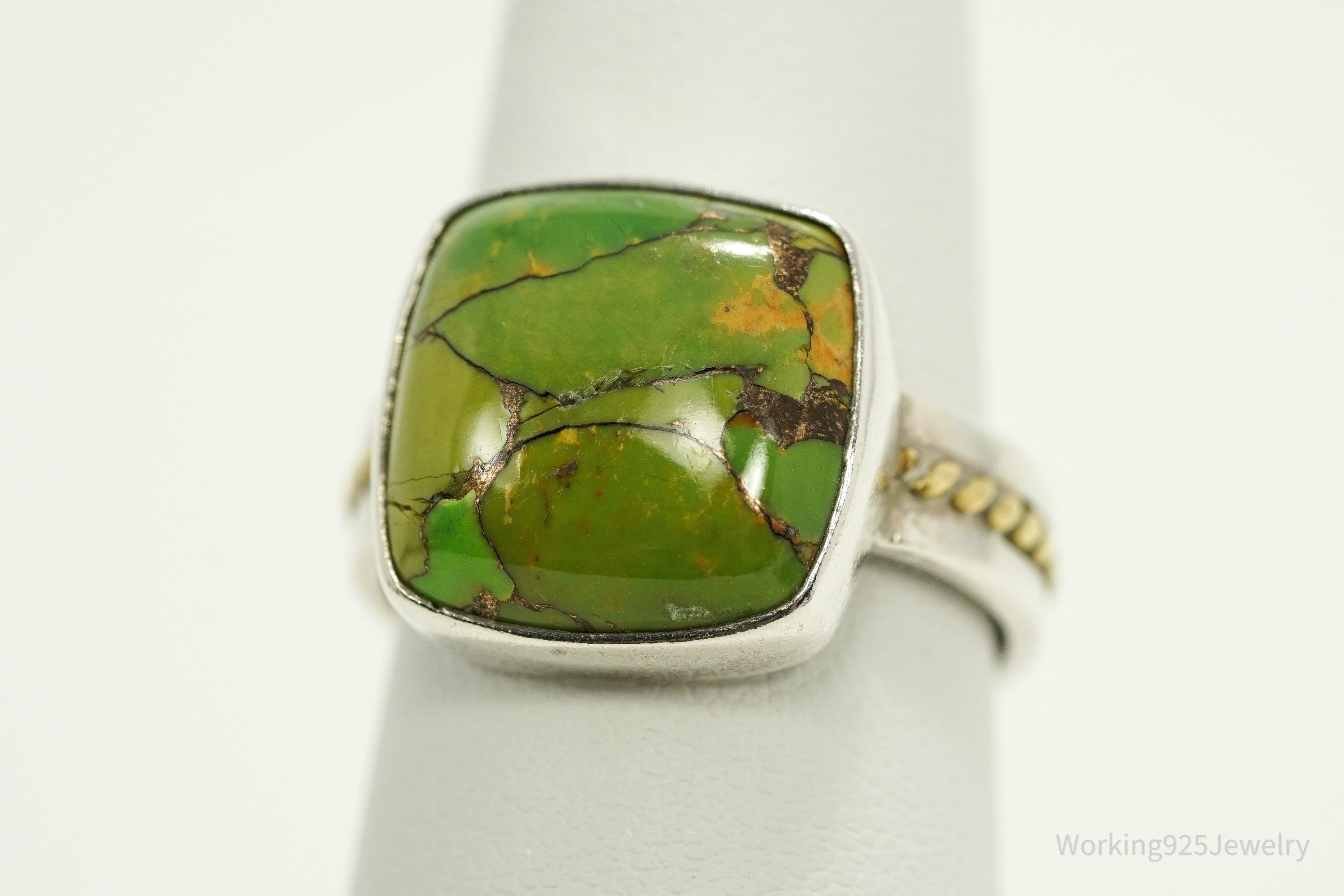 Vintage India Designer YS Green Copper Turquoise Two Tone Sterling Silver Ring - Size 9