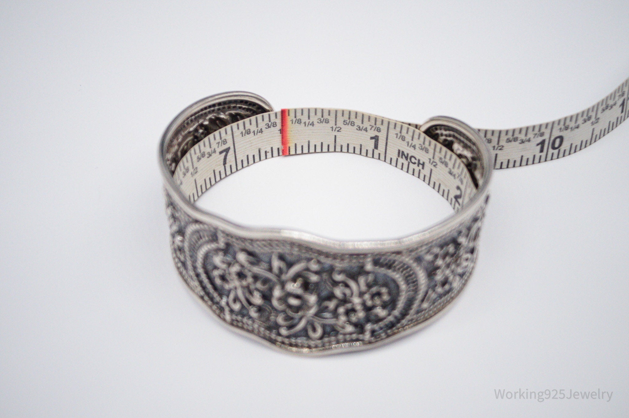 Vintage Floral Pattern Repousse Sterling Silver Cuff Bracelet 7.5"