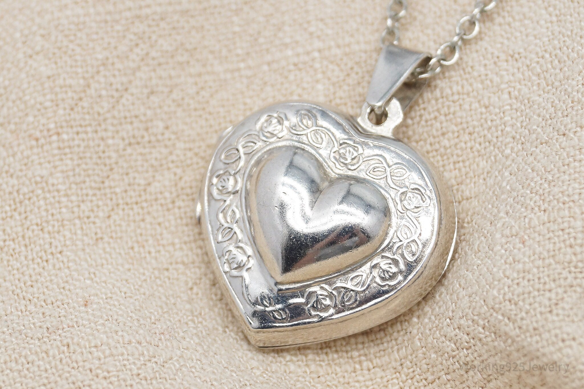 Vintage Large Heart Picture Locket Sterling Silver Necklace 18"