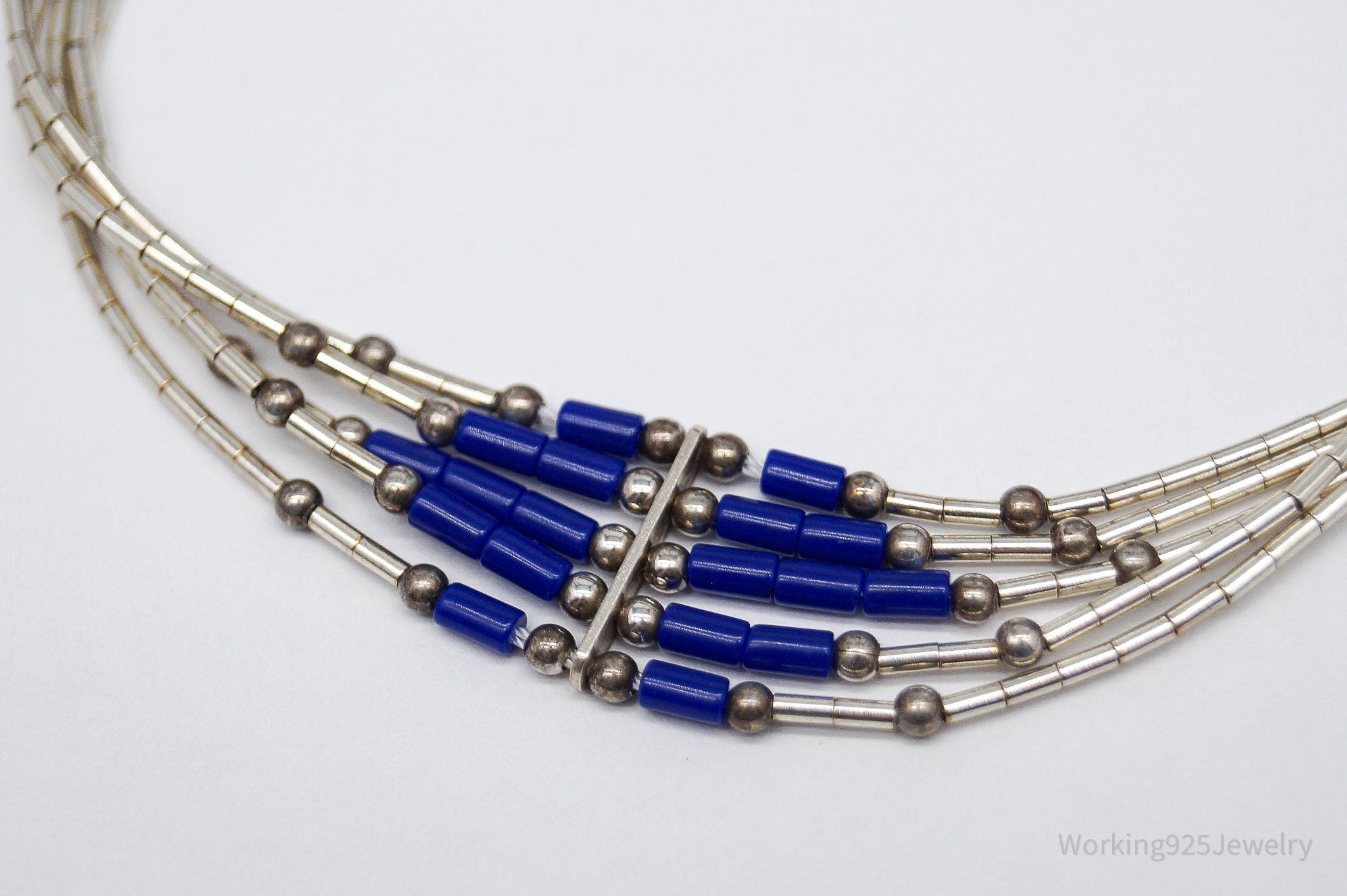 Vintage Handmade Native American Lapis Lazuli Sterling Silver Bead Bracelet