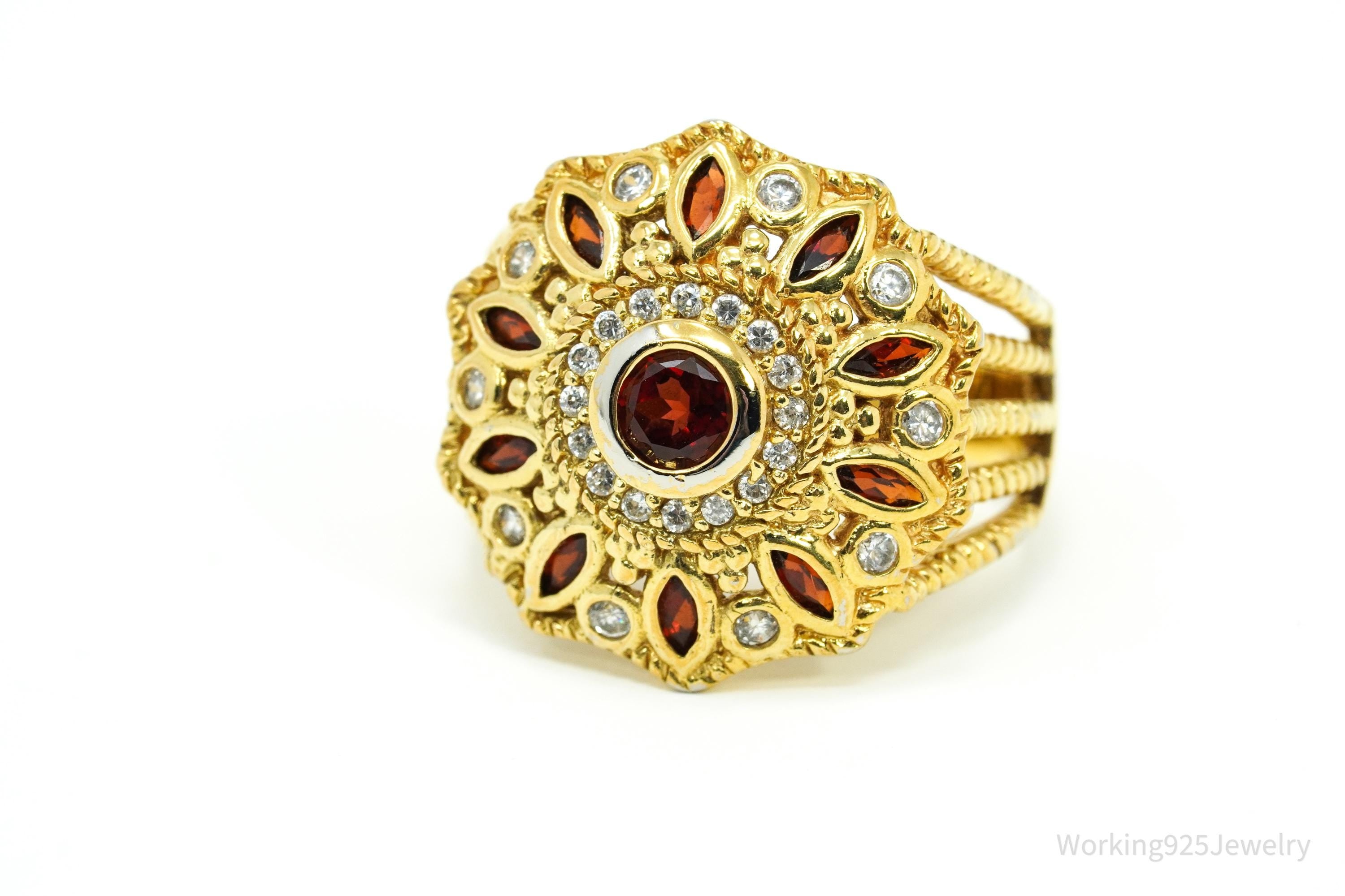 Almandine Garnet & Cubic Zirconia Gold Over Sterling Silver Ring Size 8.75