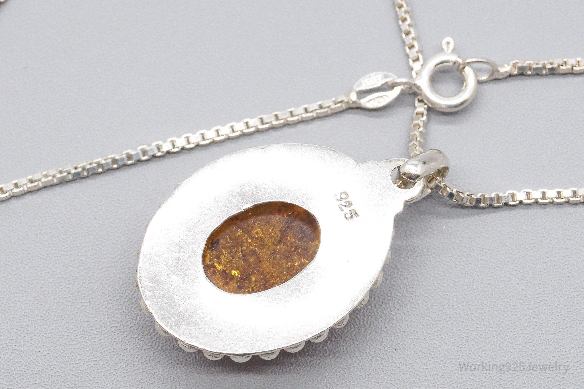 Vintage Large Amber Sterling Silver Chain Necklace 24"