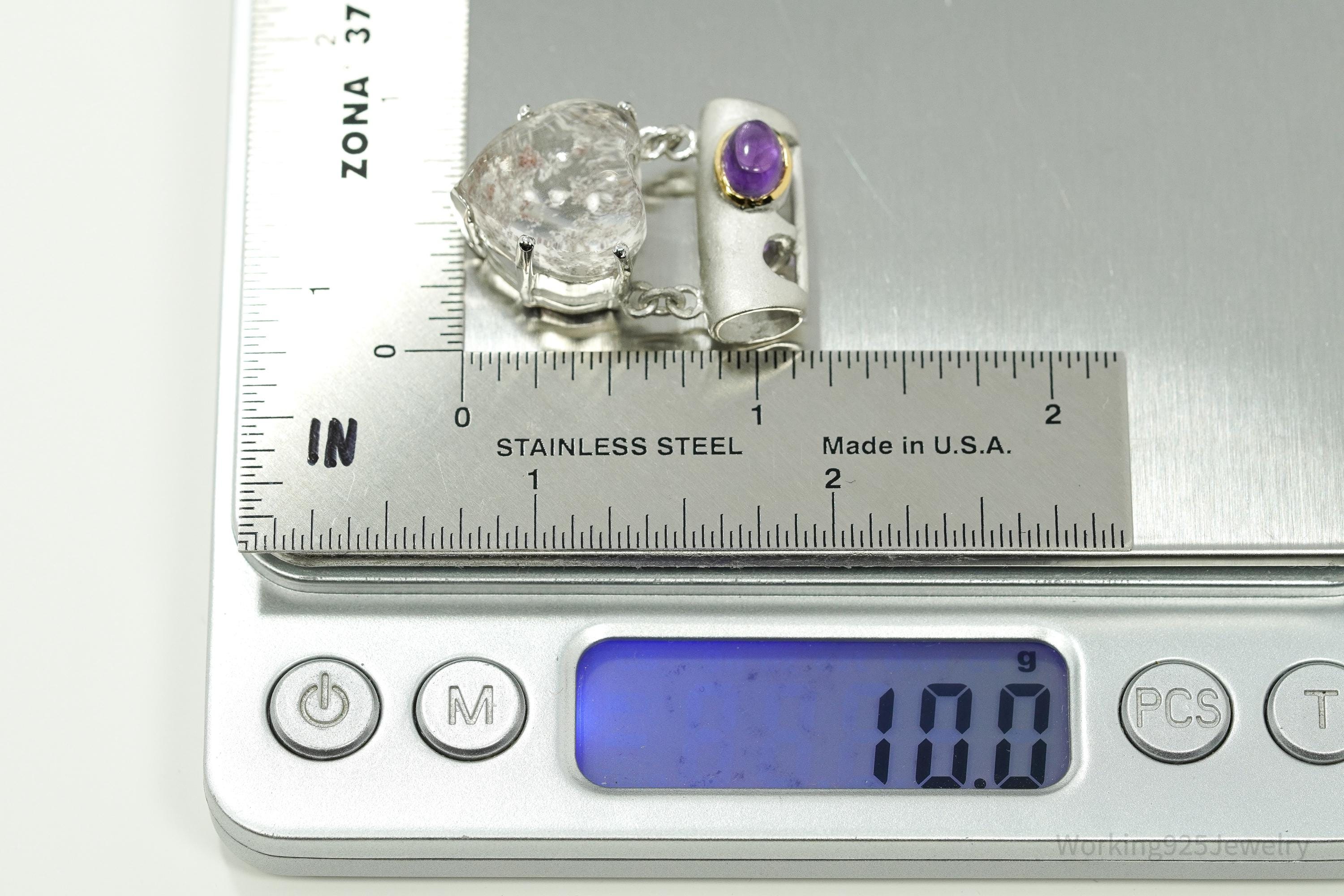 Vintage Amethyst & Crystal Heart Gold Vermeil Sterling Silver Necklace Pendant