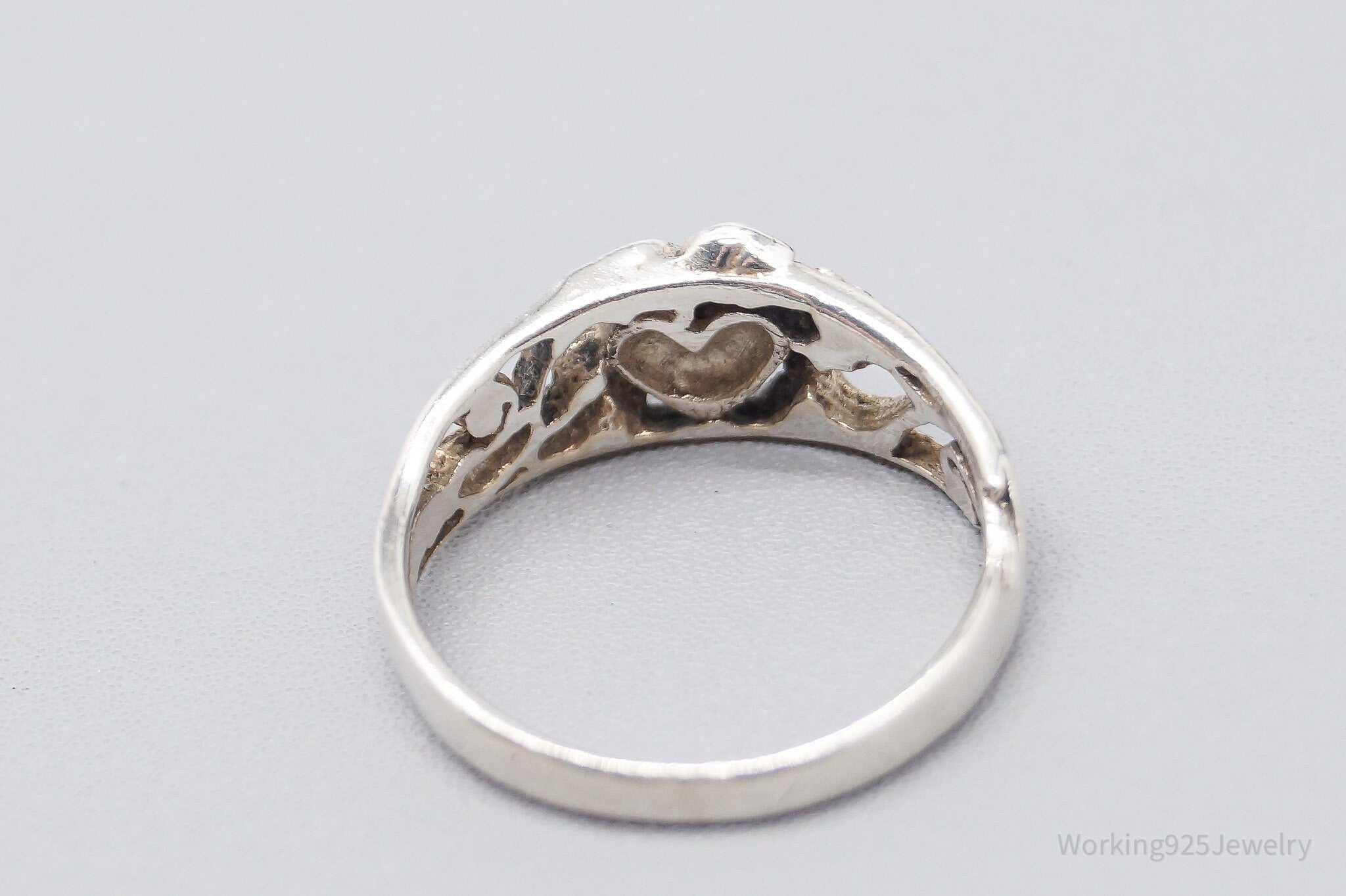 Vintage Heart & Flower Vines Sterling Silver Ring - Size 6