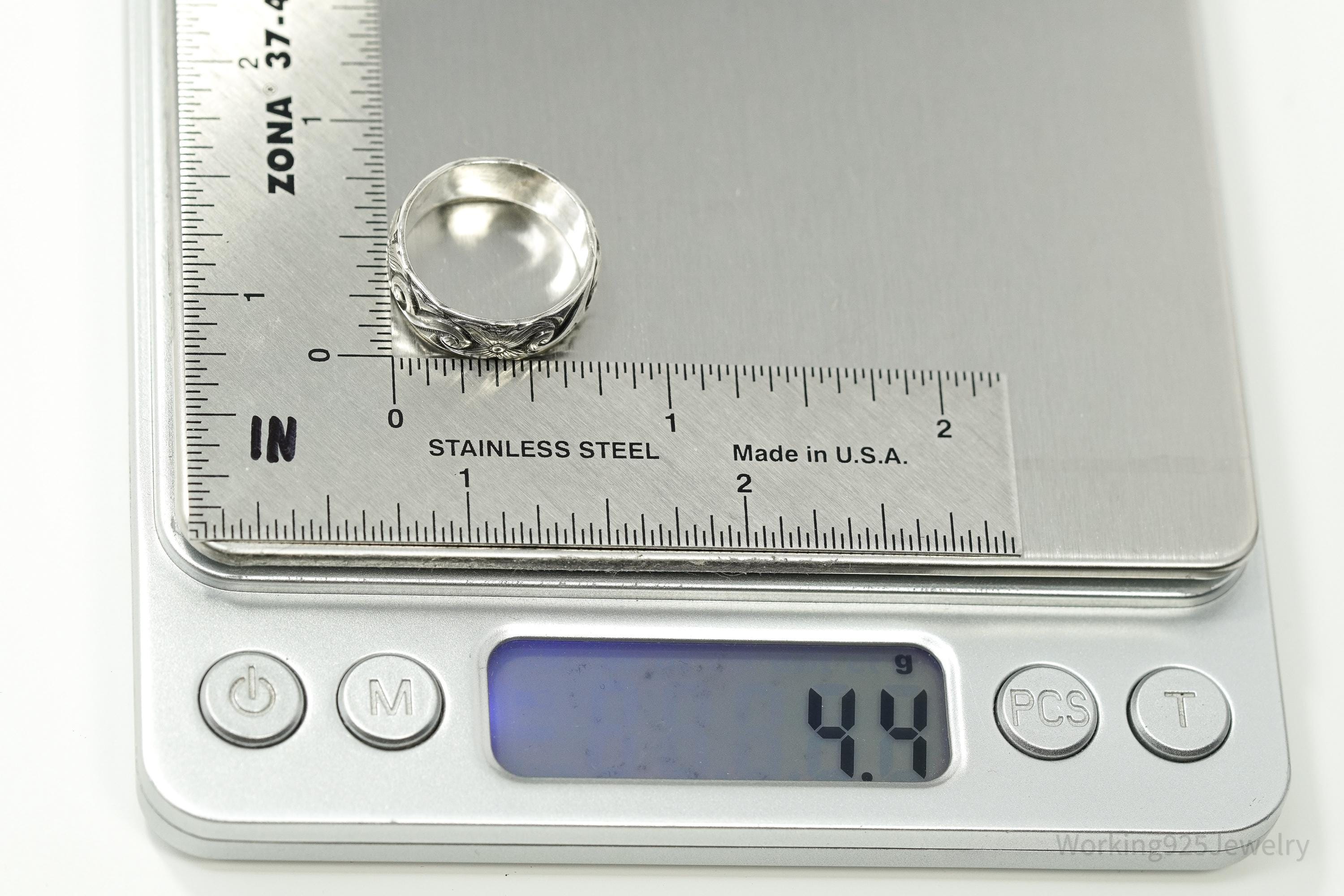 Antique Art Nouveau Floral Pattern Silver Band Ring - Size 6.25