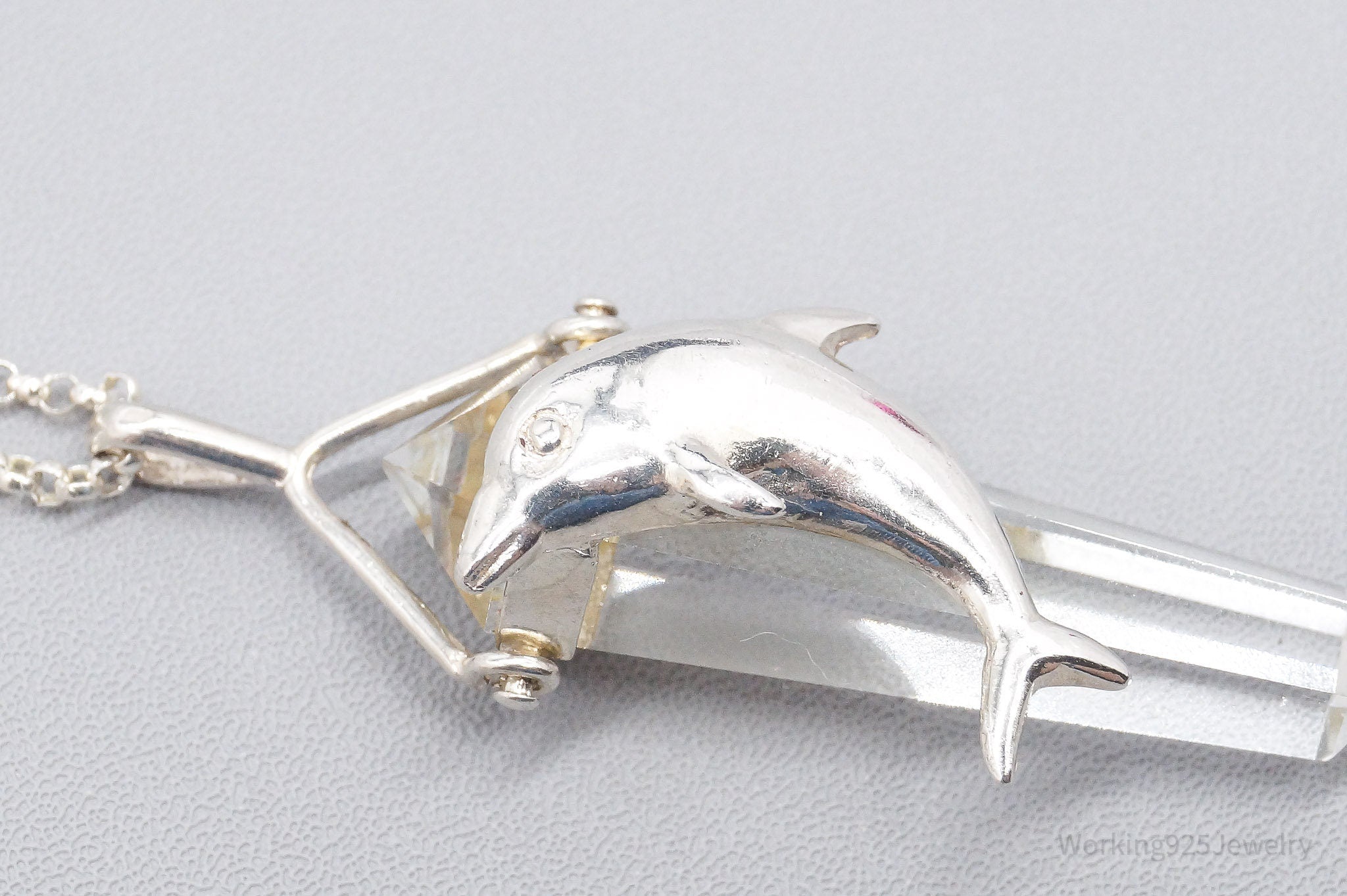 Vintage Dolphin & Crystal Sterling Silver Necklace 18"