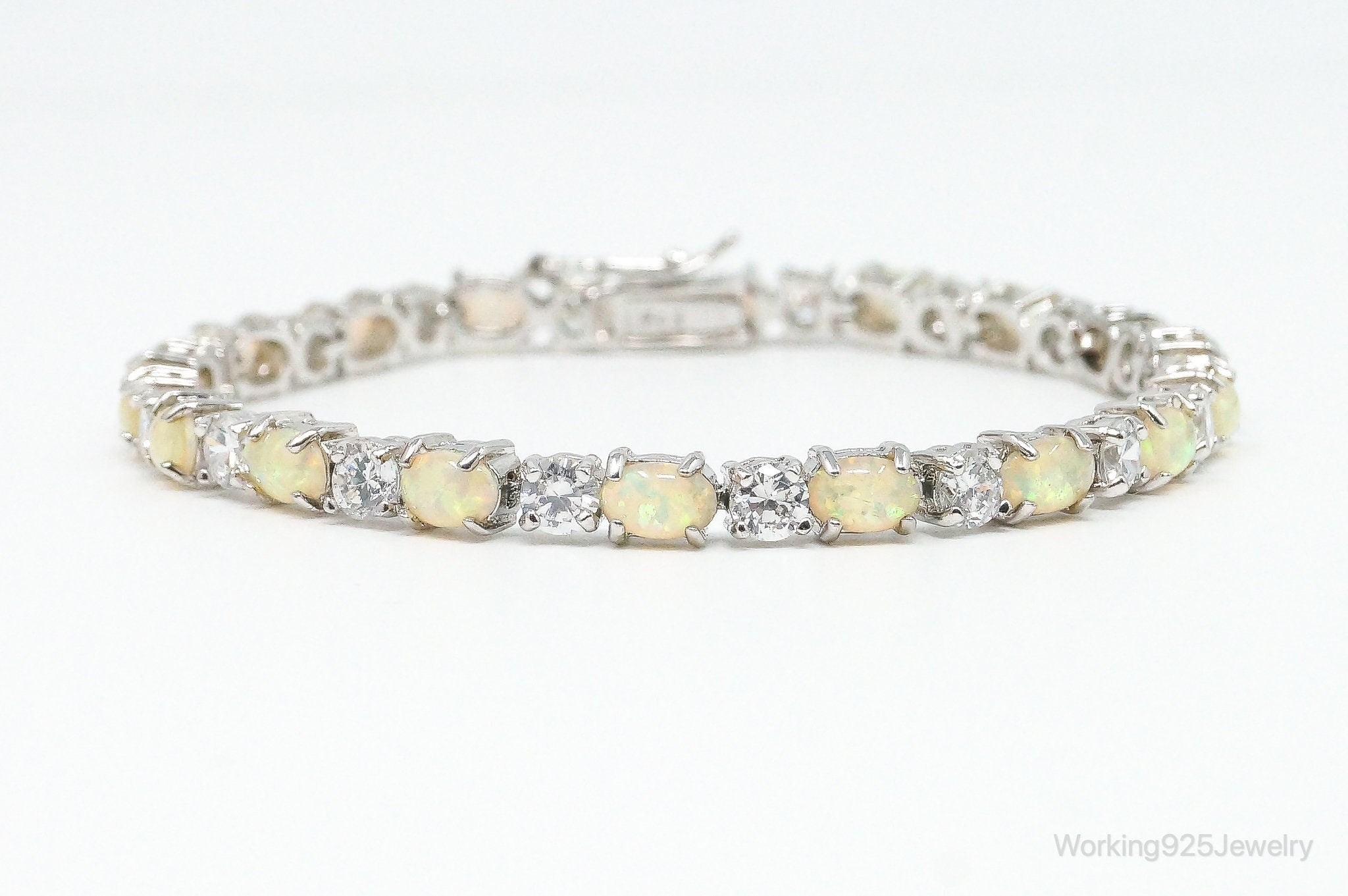 Vintage Oval Opal Doublet & Cubic Zirconia Sterling Silver Gemstone Bracelet