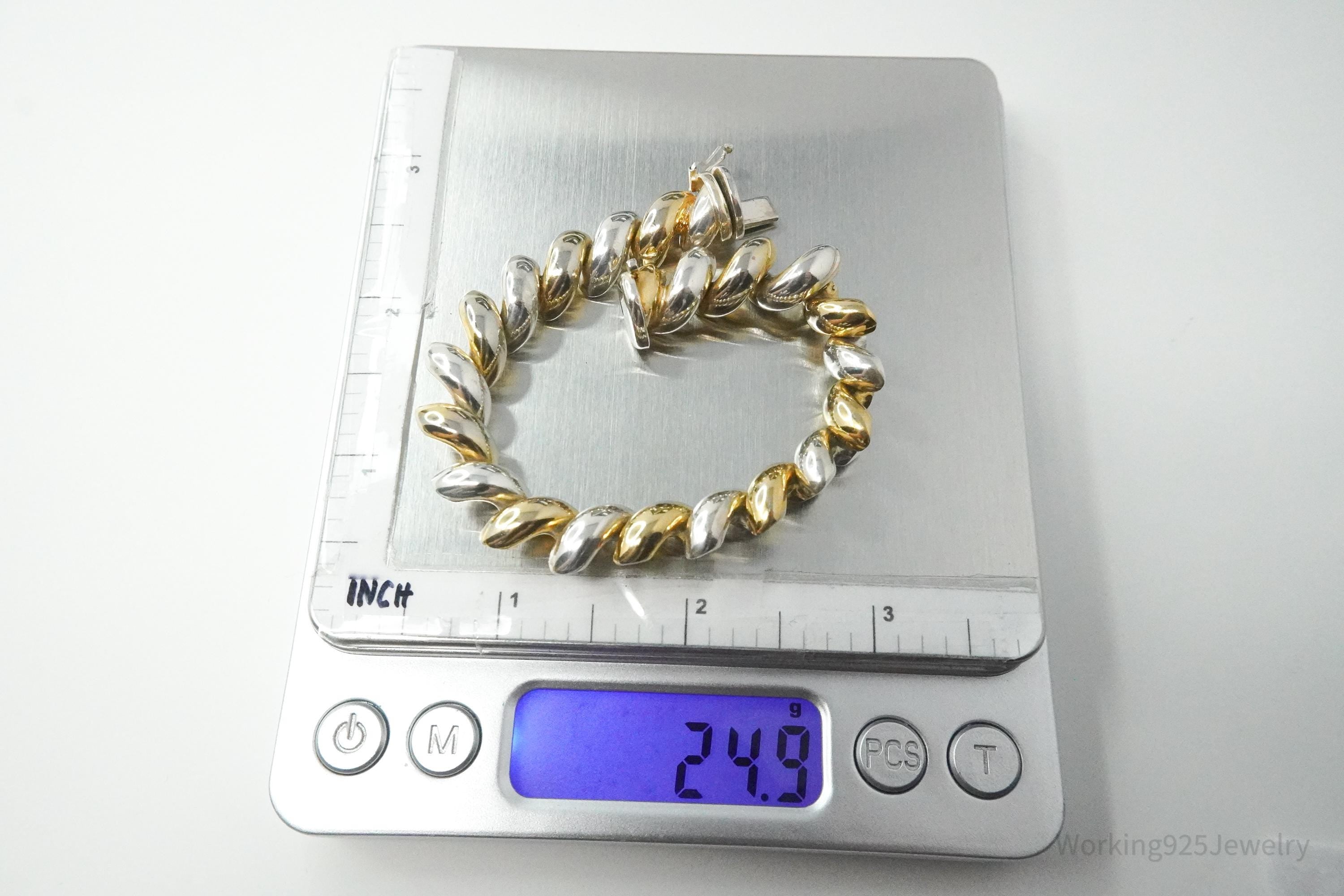 Vintage Italian Designer Milor Gold Vermeil Sterling Silver Puffy Link Bracelet 7.25"