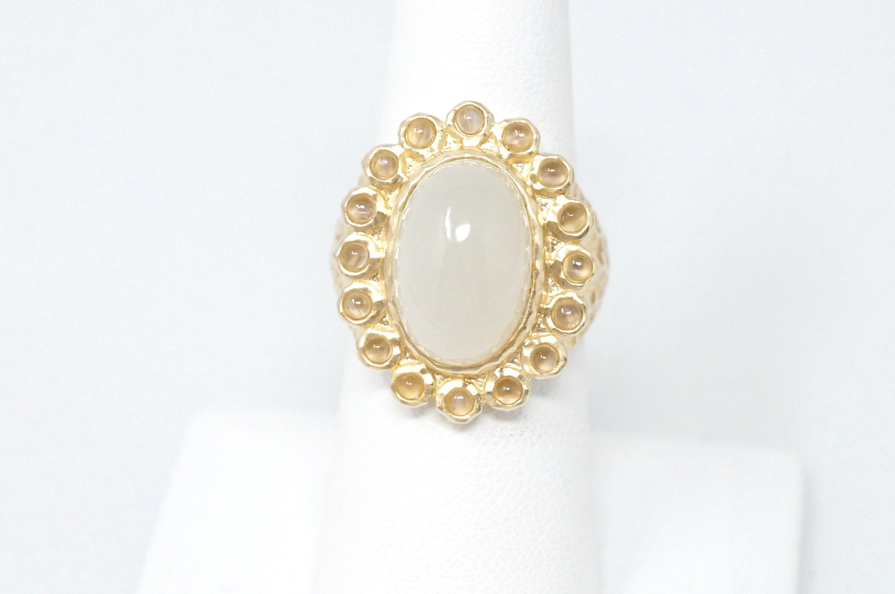 Vintage White Moonstone Gold Vermeil Hammered Style Ring Sterling Silver- Size 7