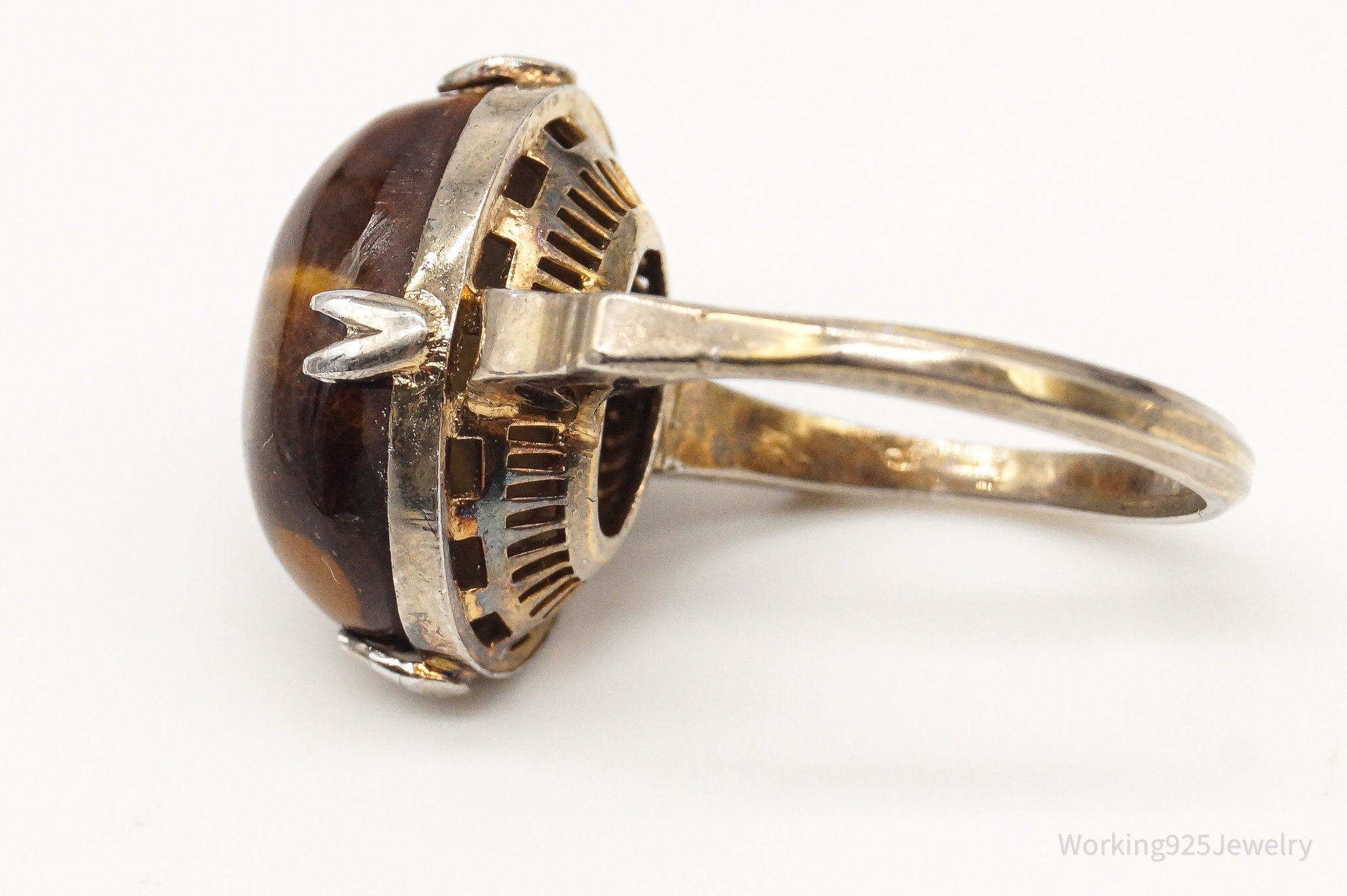 Antique Tigers Eye Gold Wash Silver Ring - Size 5.5