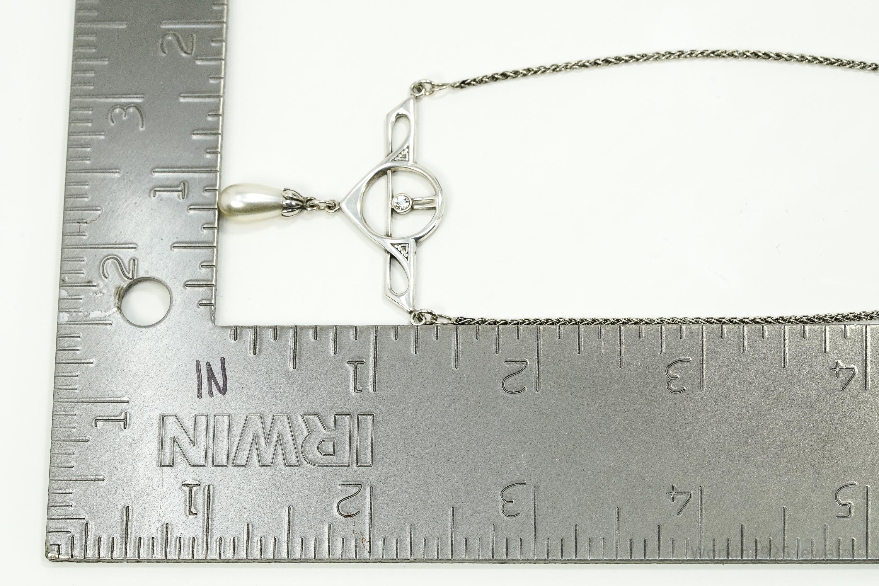 Vintage Art Nouveau Style Pearl & Swarovski Crystal Sterling Silver Necklace 15"