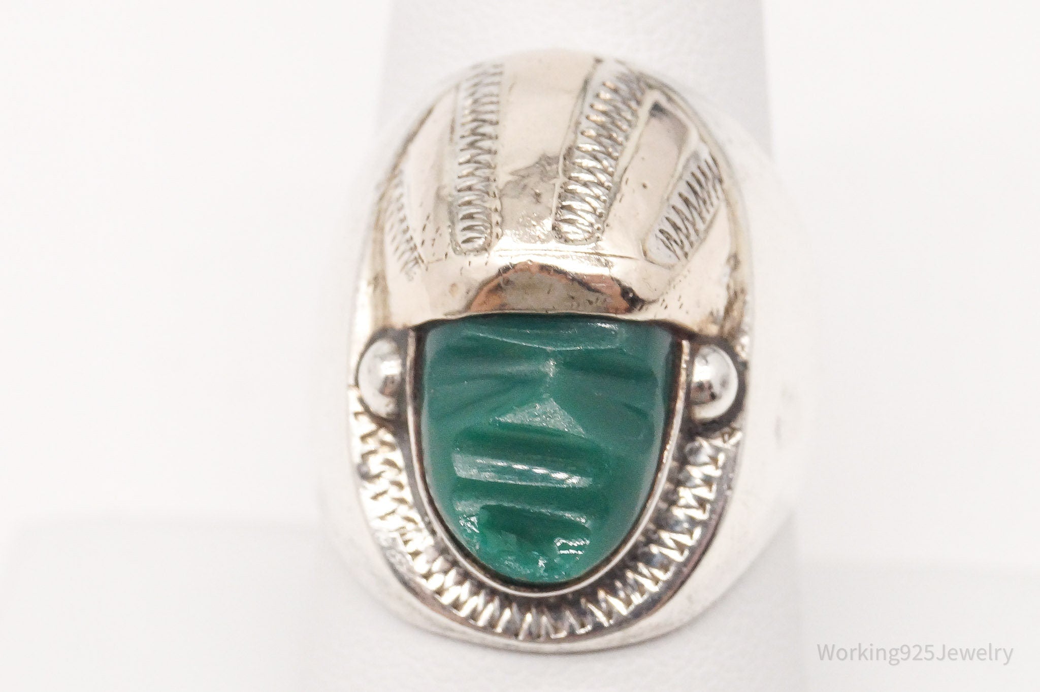 Vintage Green Onyx Aztec Warrior Gold Sterling Silver Ring - Size 8.25