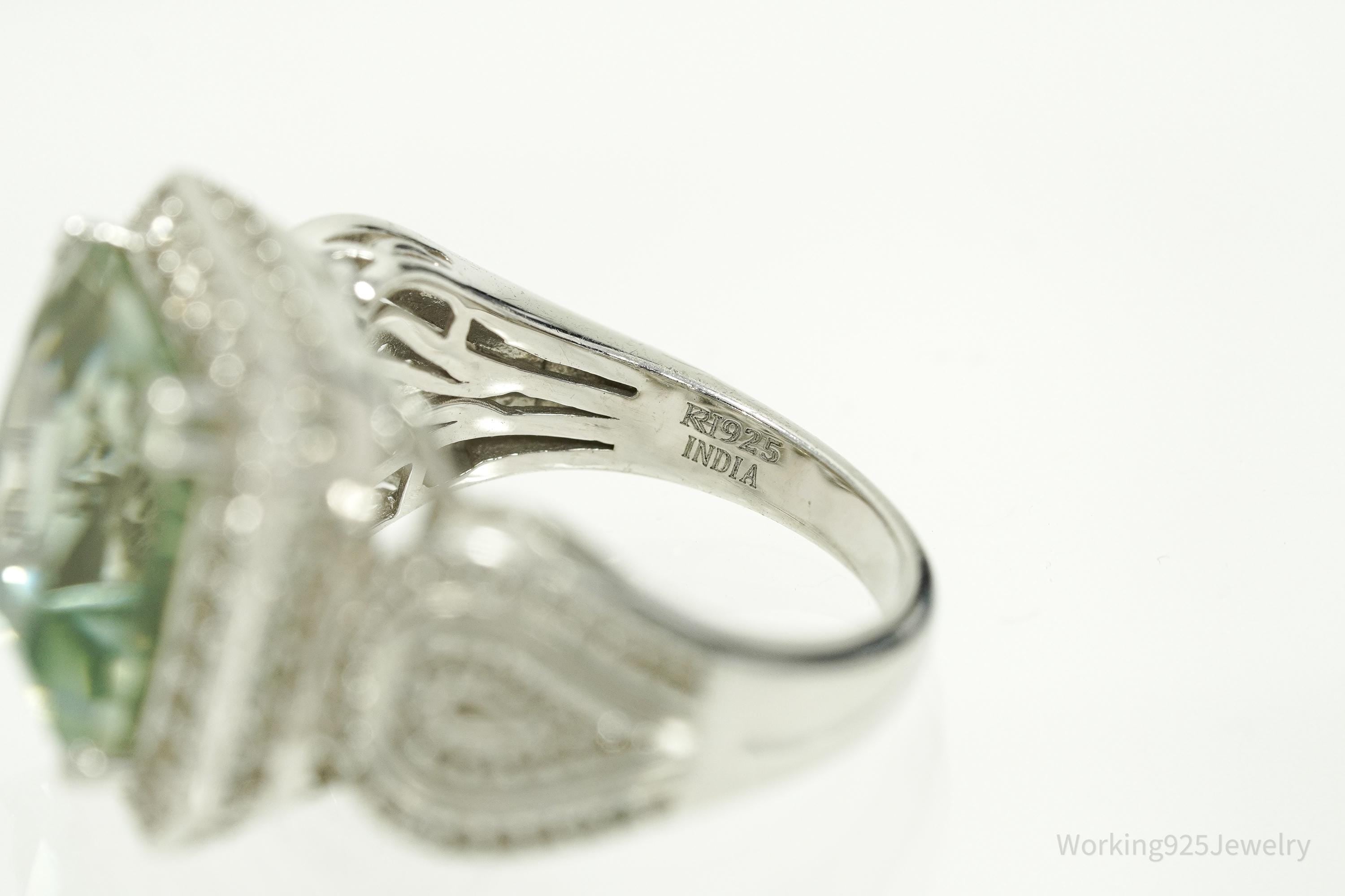 Large Green Amethyst & White Topaz Sterling Silver Ring - Size 7