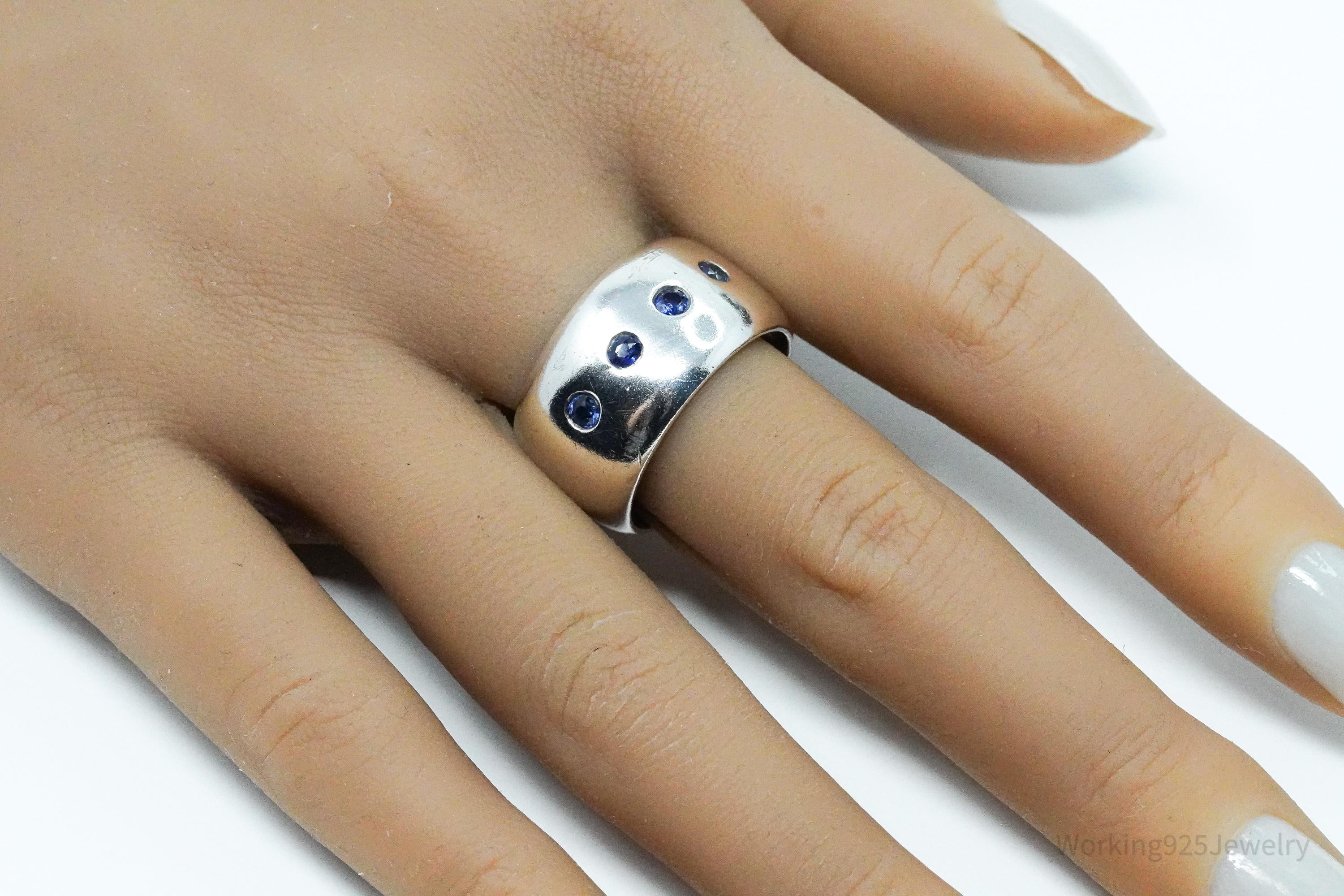 Vintage Blue Sapphire Mexico Sterling Silver Band Ring - Size 10