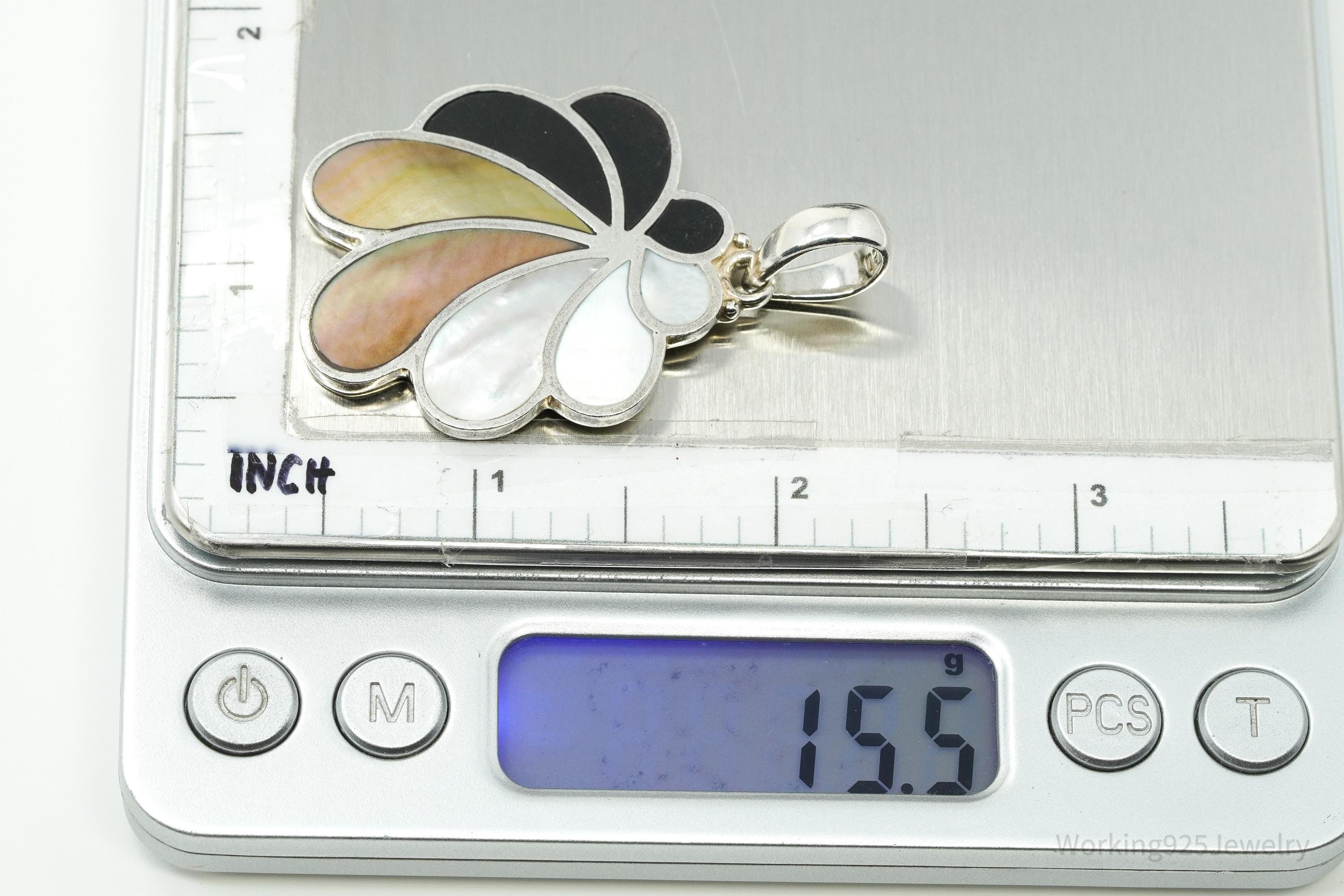 Vintage Sajen Large Mother Of Pearl Inlay Flower Sterling Silver Pendant