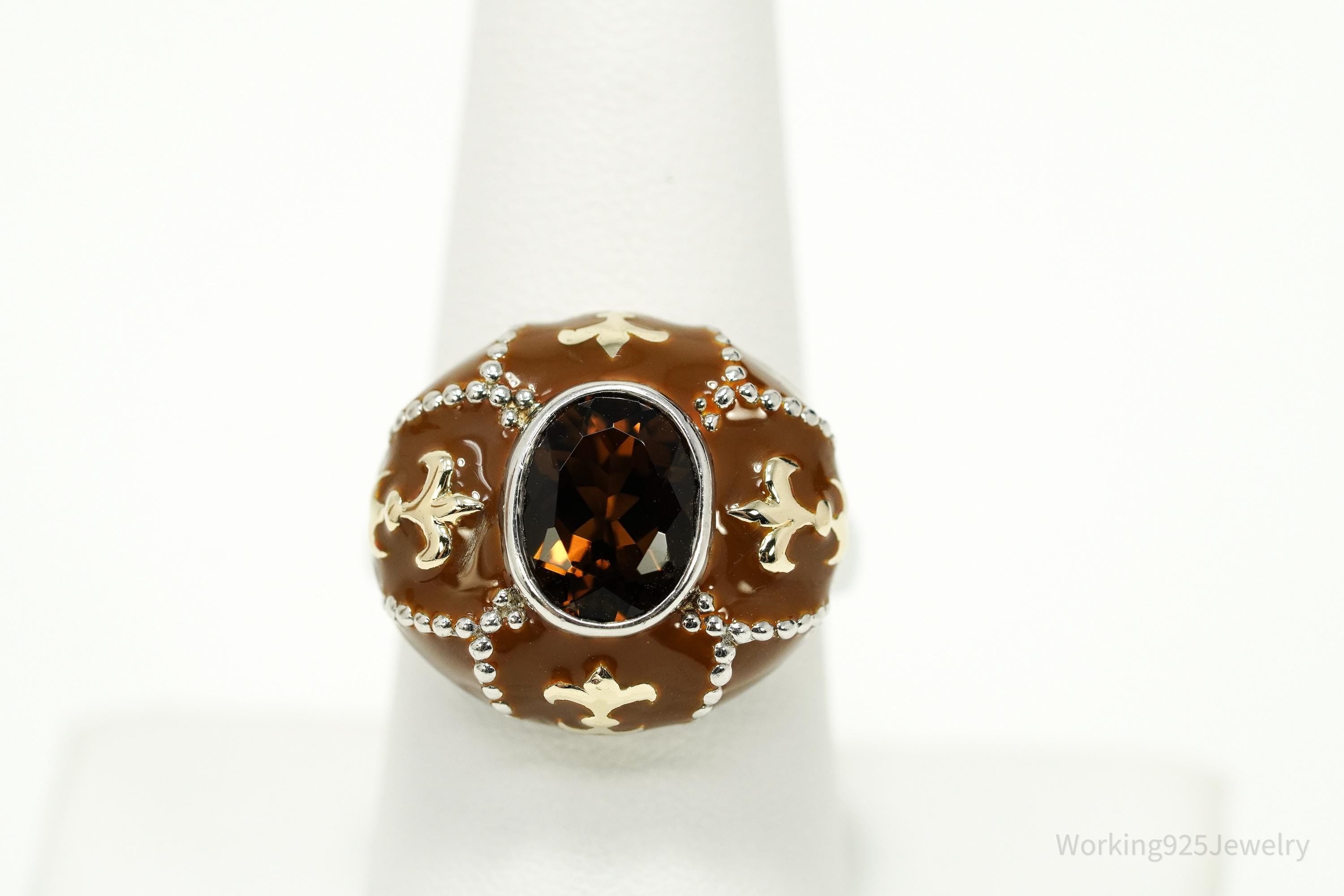 Vintage Y2K Smoky Topaz Enamel Dome Gold Vermeil Sterling Silver Ring Size 8