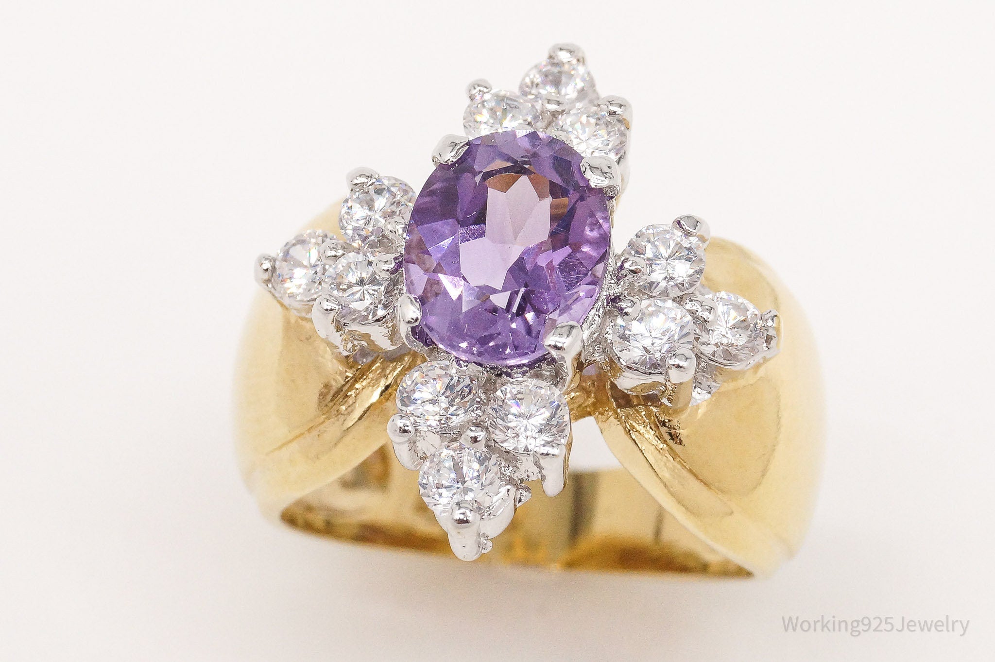 Vintage Amethyst Cubic Zirconia Gold Vermeil Sterling Silver Ring Size 7