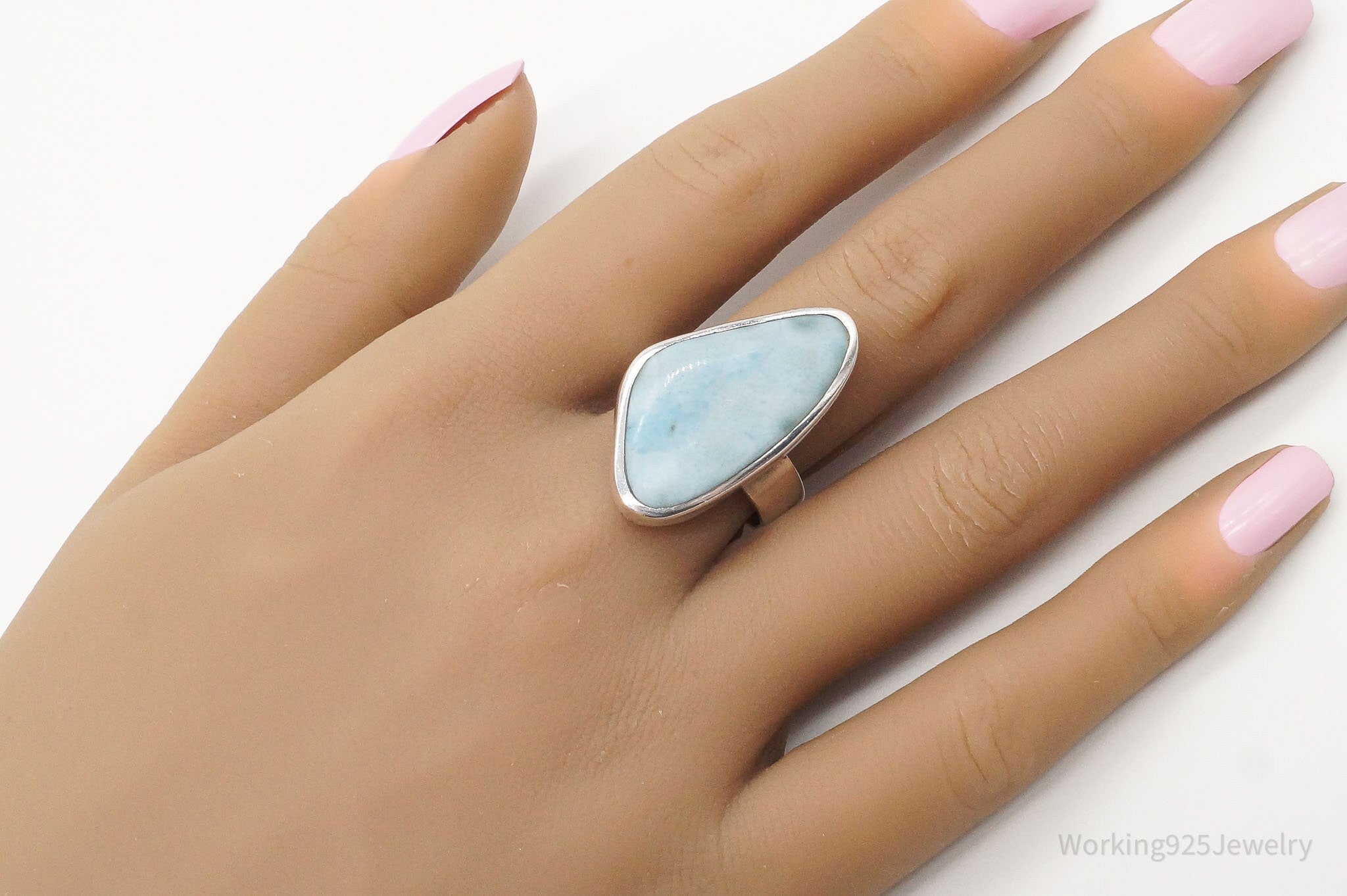 Vintage Designer SJ Blue Larimar Sterling Silver Ring - Size 8.75 Adustjable