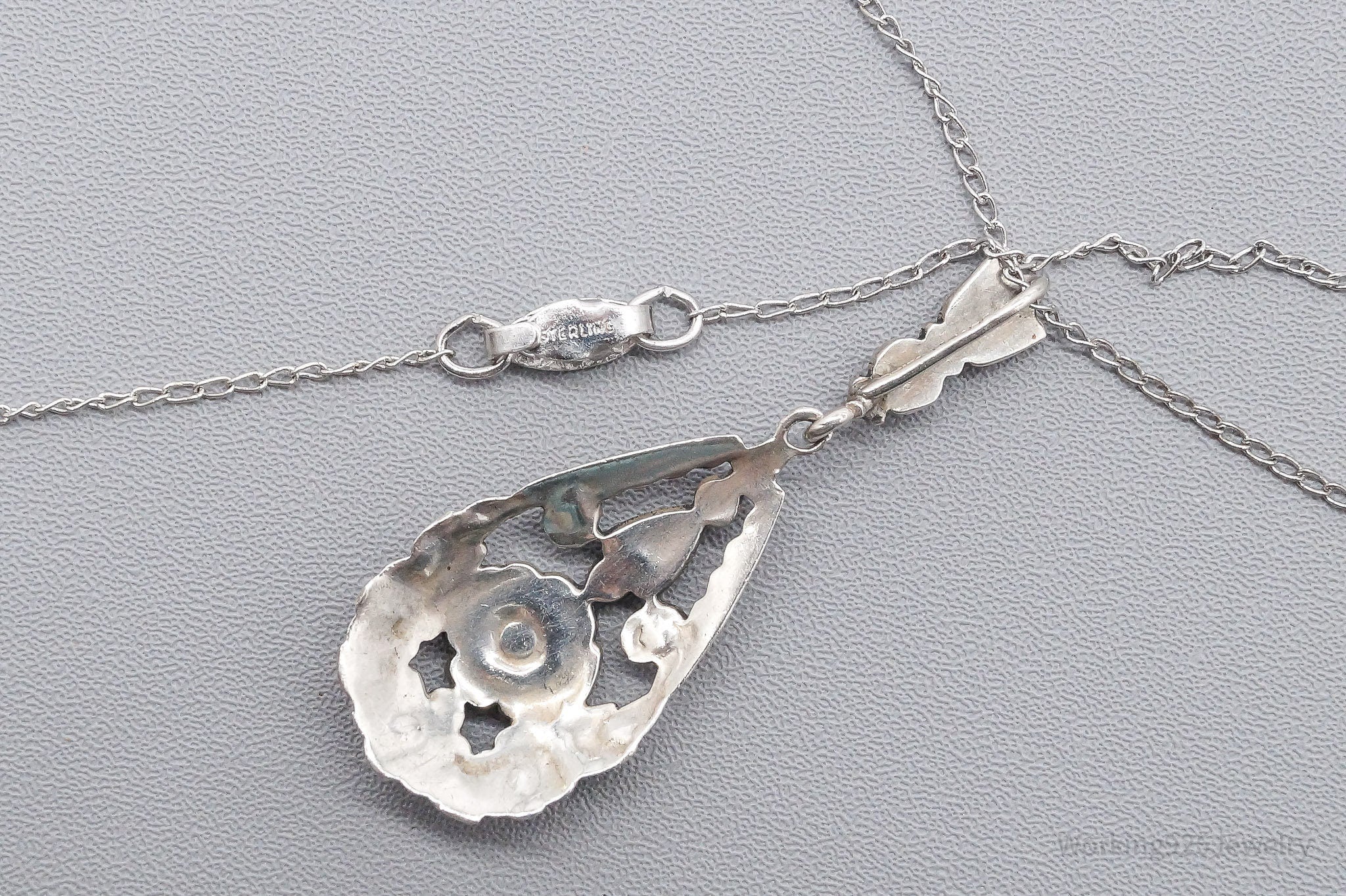 Antique German Lavaliere Floral Marcasite Sterling Silver Necklace 17"