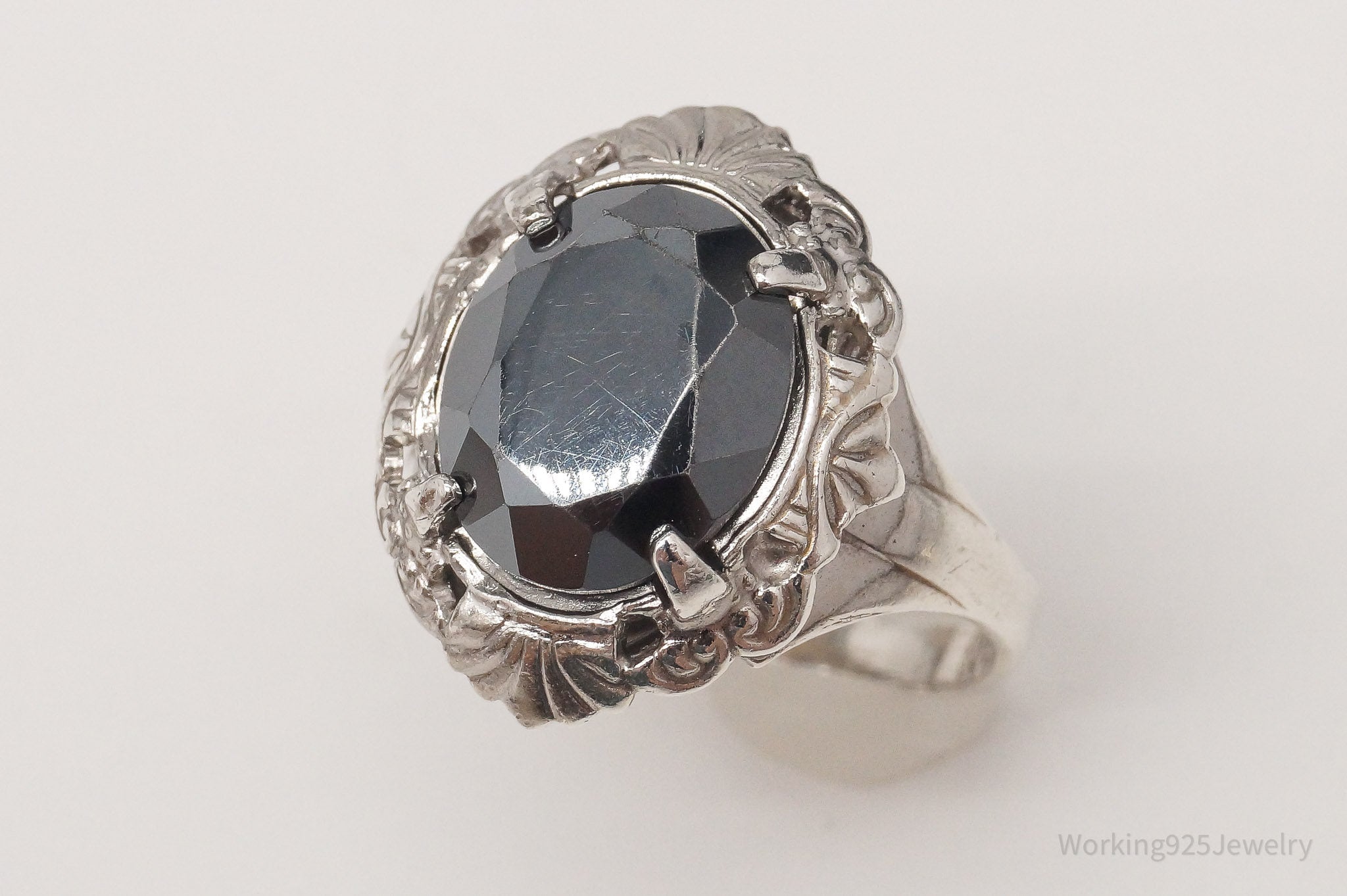 Antique Designer LSP Co Hematite Edwardian Sterling Silver Ring - Size 7