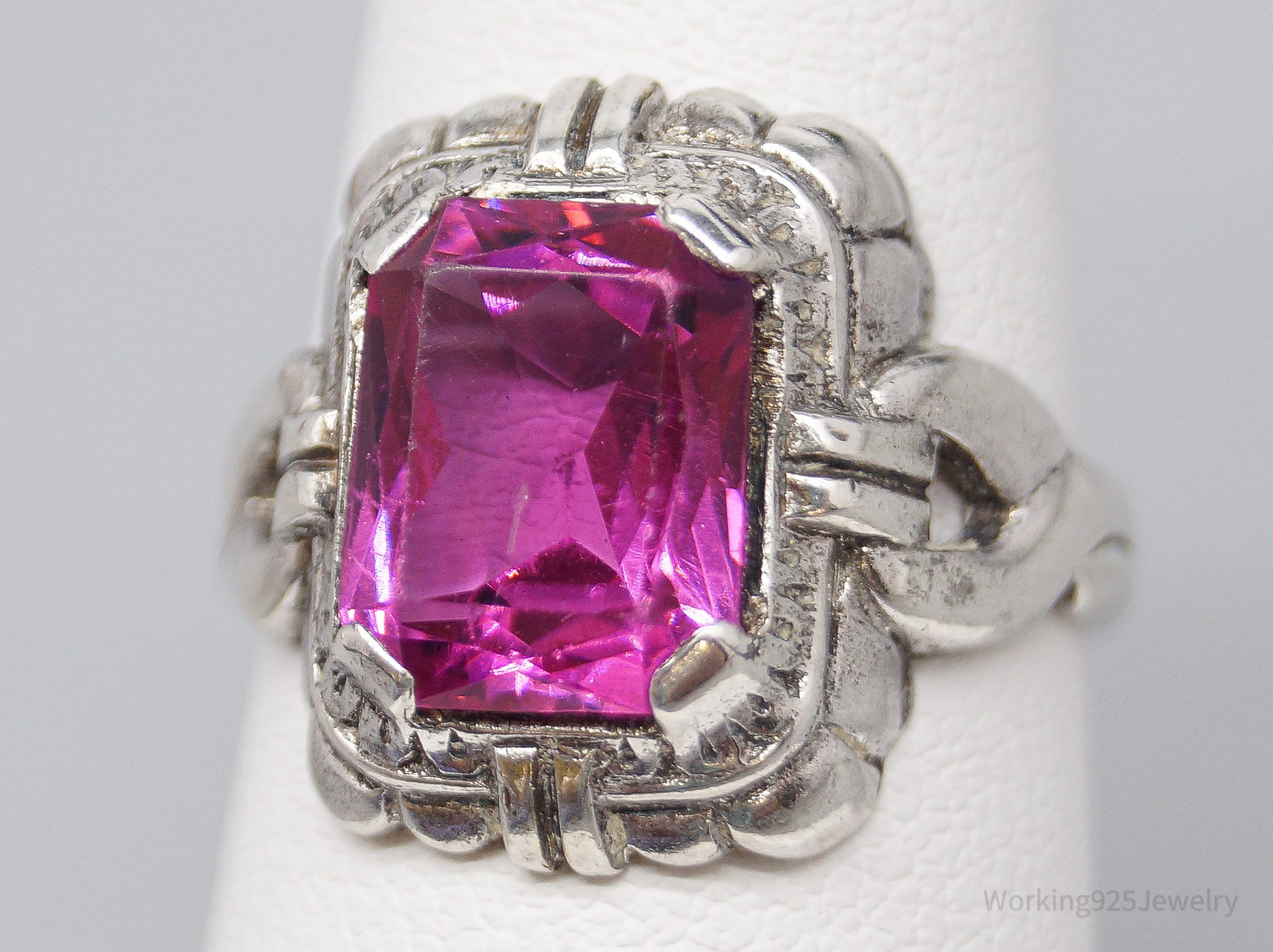 Antique Art Deco Pink Stone Sterling Silver Ring - Size 6.25