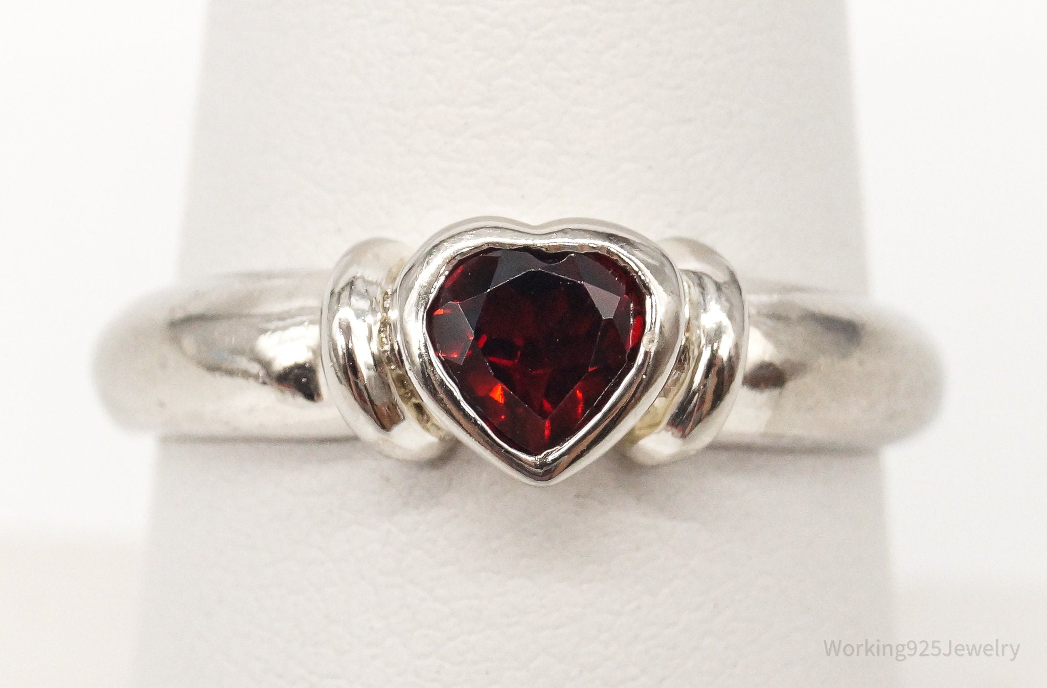 Vintage FAS Garnet Rhodium Plate Over Sterling Silver Ring - Size 7.5