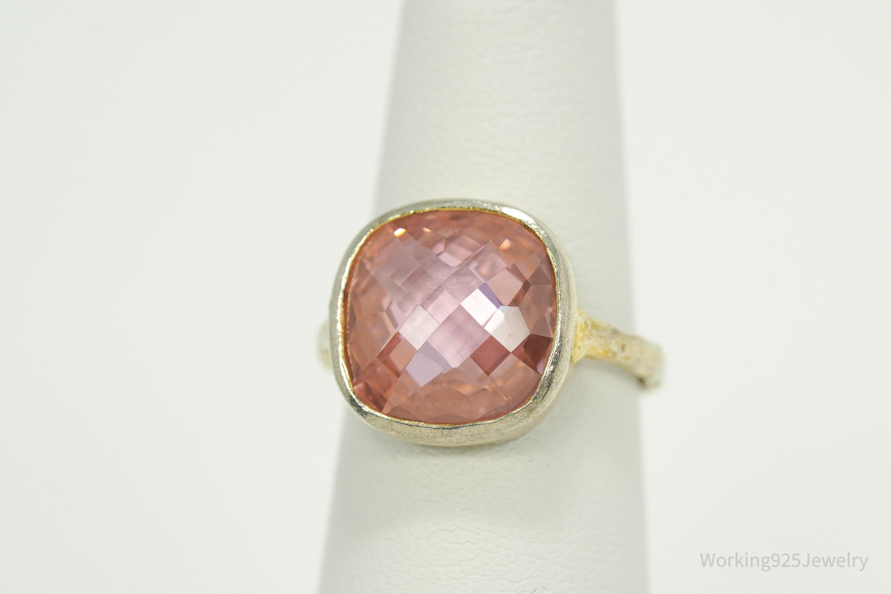 Vintage Gioielli Pink Tourmaline Gold Wash Sterling Silver Ring - Size 6.25