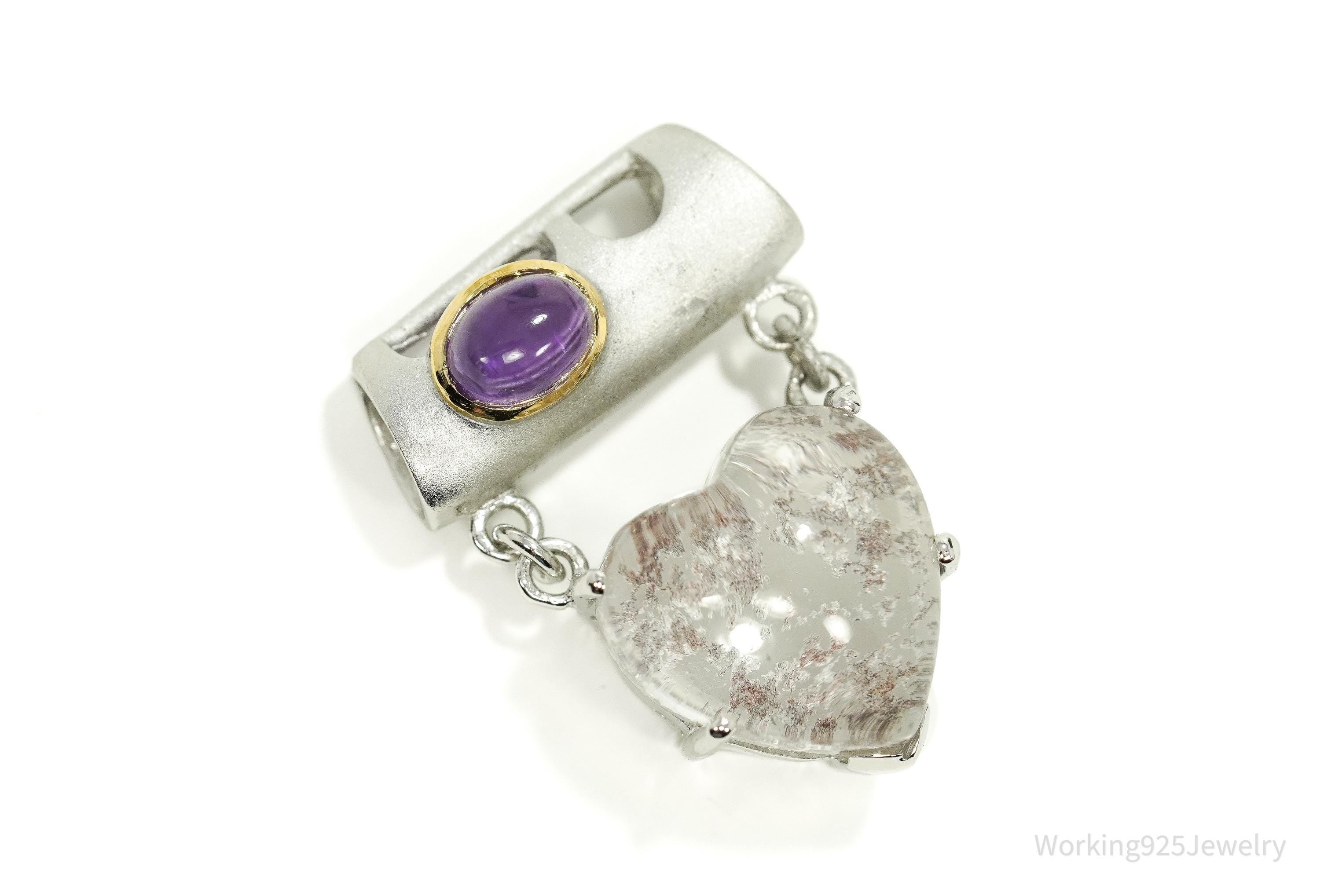 Vintage Amethyst & Crystal Heart Gold Vermeil Sterling Silver Necklace Pendant