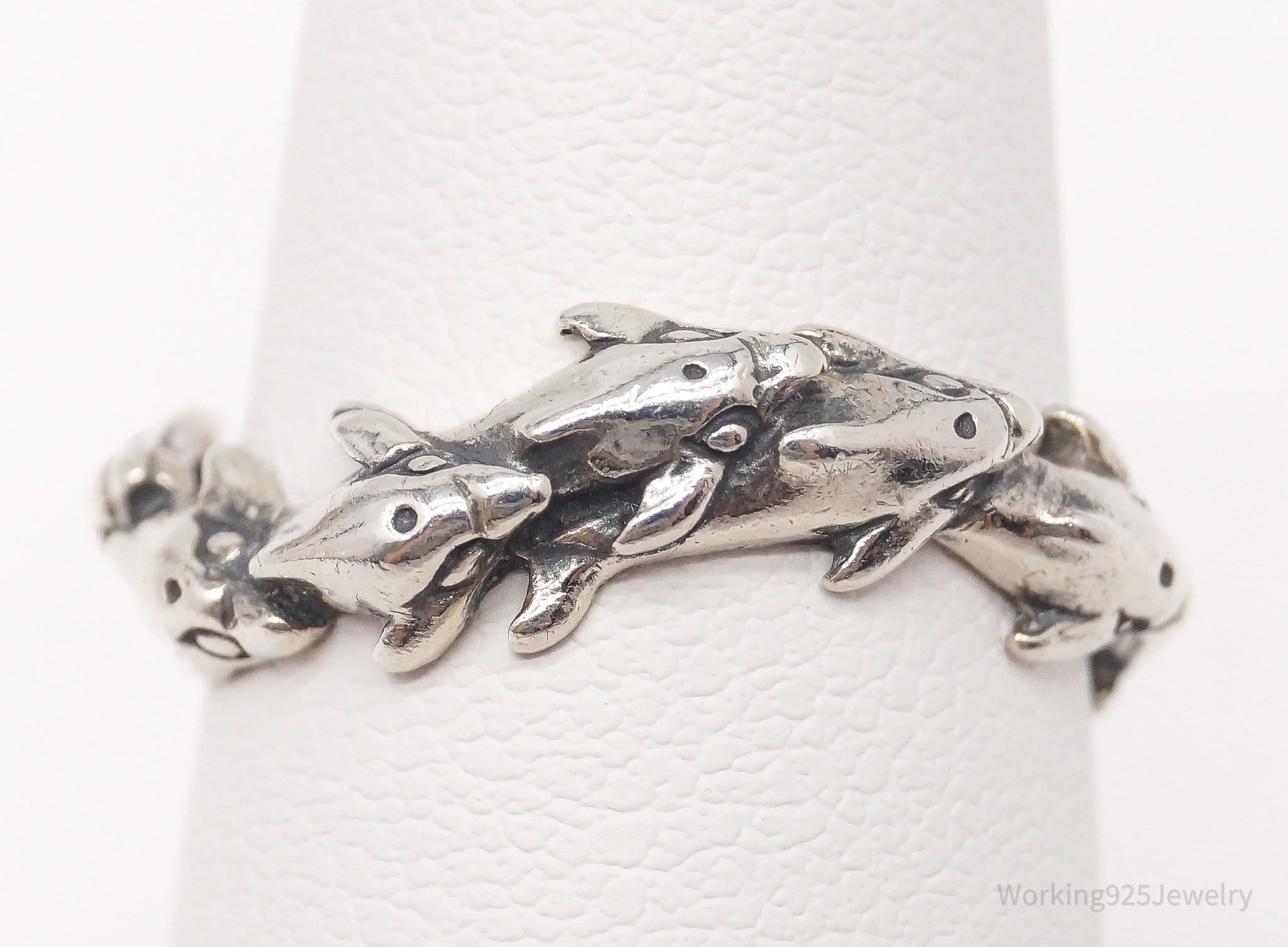 Vintage Designer Kabana Swimming Dolphins Sterling Silver Ring - Size 6.25