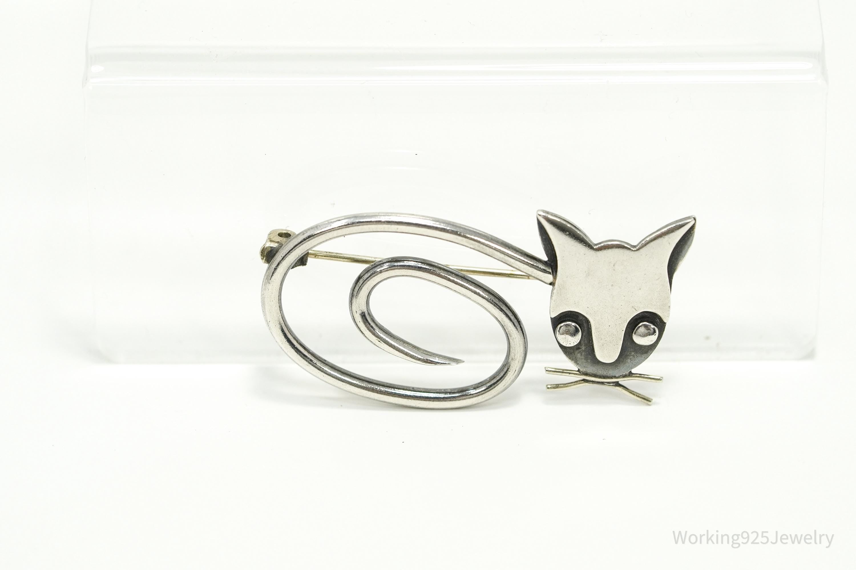 Vintage Taxco Designer DELFINO Abstract Cat Sterling Silver Brooch Pin 1.75"