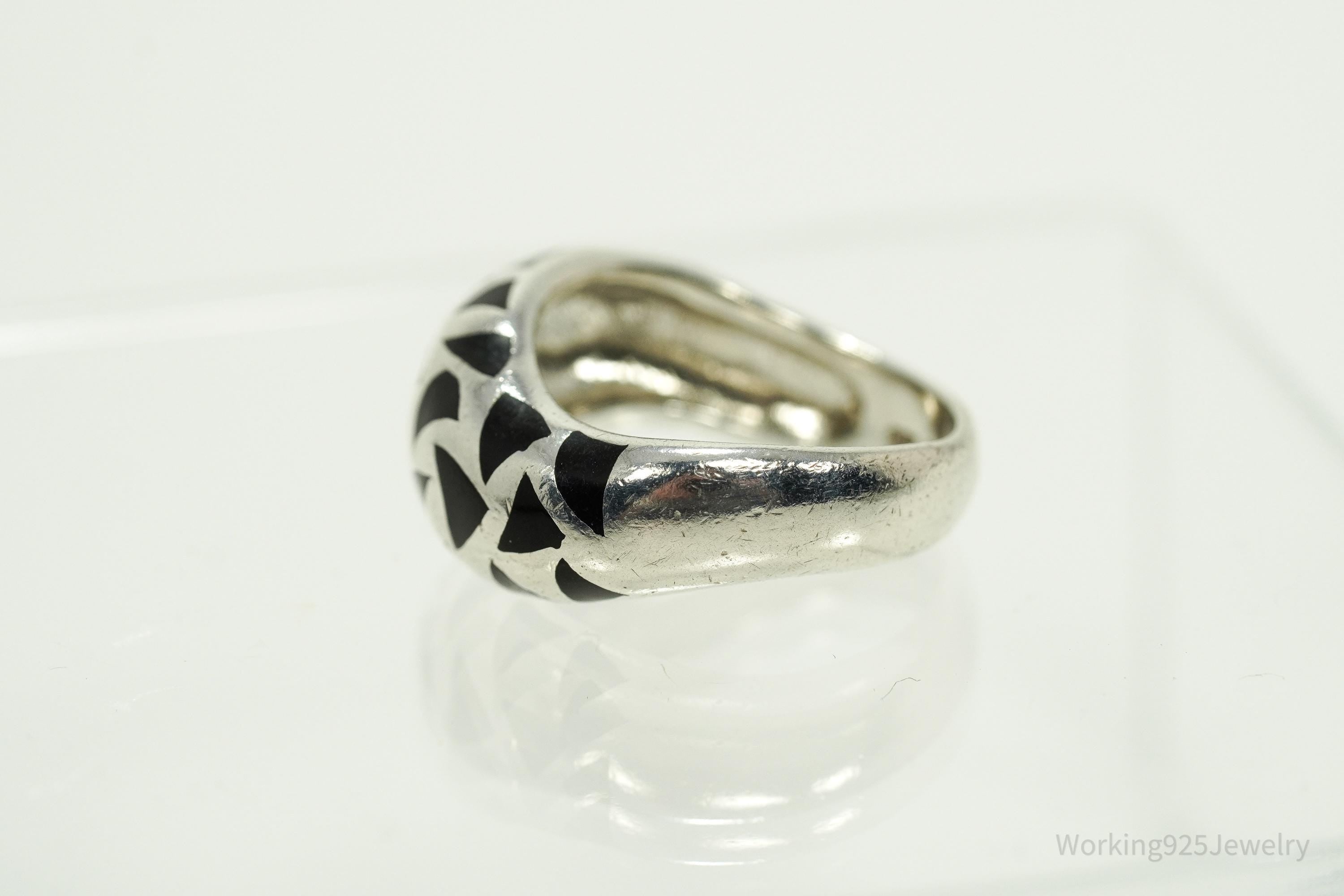 Vintage Black Enamel Shapes Design Sterling Silver Ring - Size 8