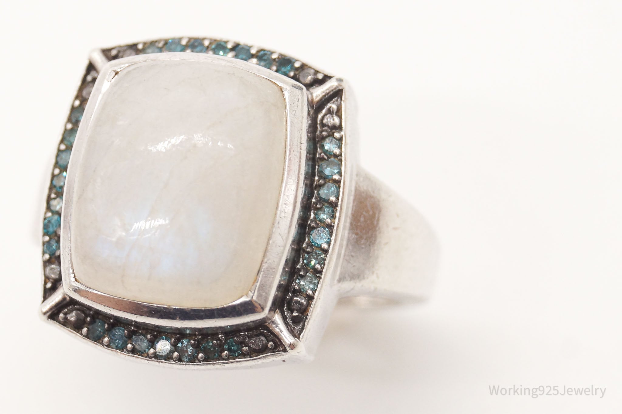 Vintage Moonstone Blue Diamond Sterling Silver Ring - Size 7