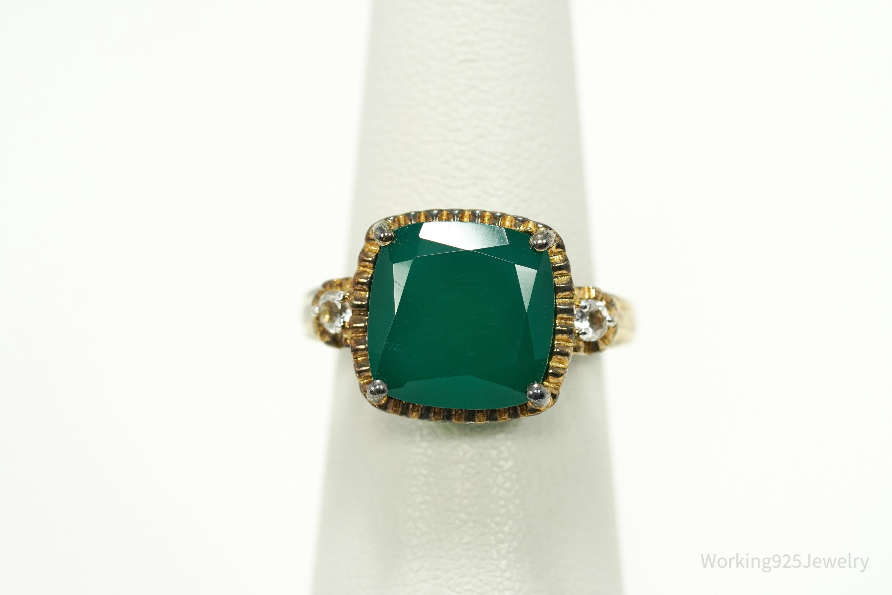 Vintage Green Onyx & Cubic Zirconia Gold Vermeil Sterling Silver Ring - Size 5.25
