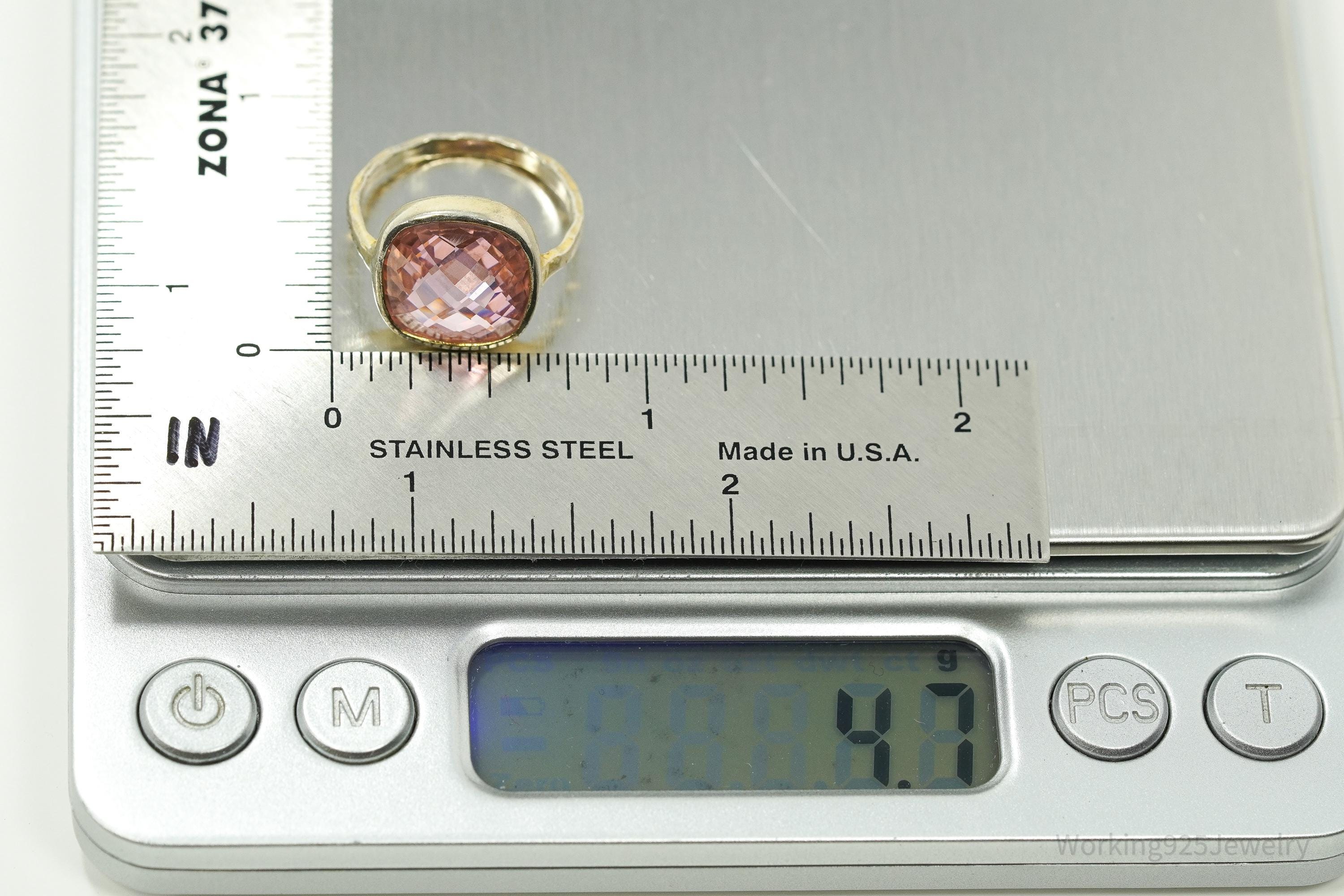 Vintage Gioielli Pink Tourmaline Gold Wash Sterling Silver Ring - Size 6.25