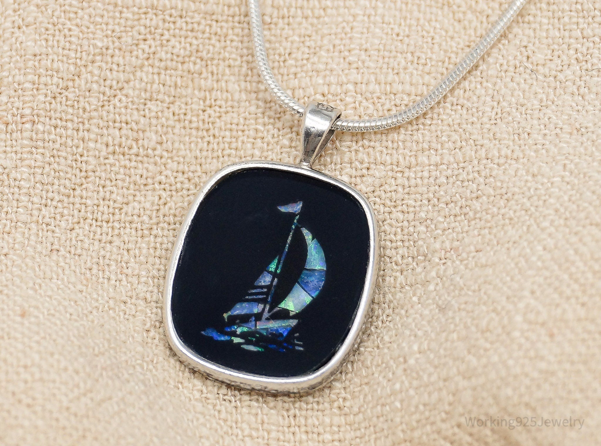 Vintage Opal Inlay Sail Boat Sterling Silver Necklace - 18"