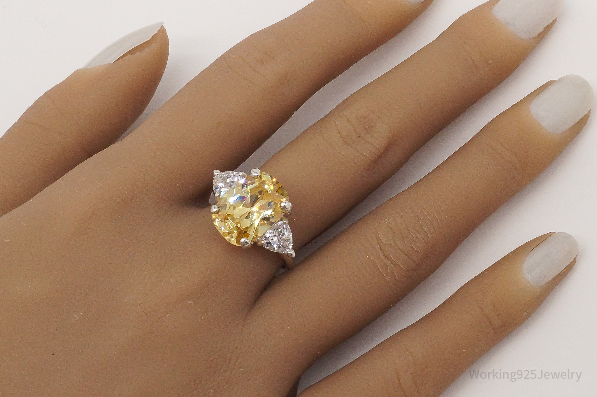 Vintage Large Yellow & White Cubic Zirconia Sterling Silver Ring - Size 9.75