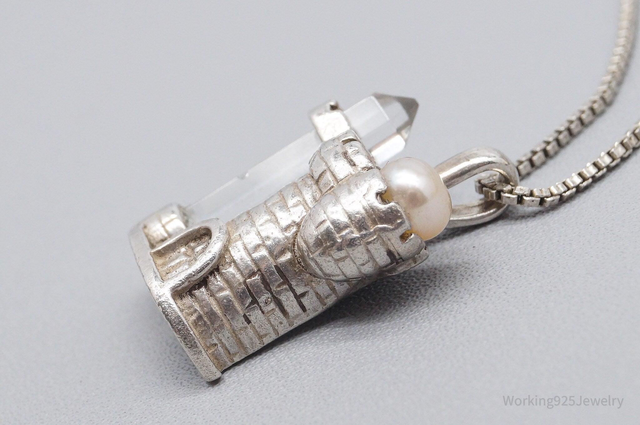 Vintage Pearl & Crystal Castle Sterling Silver Necklace 18"