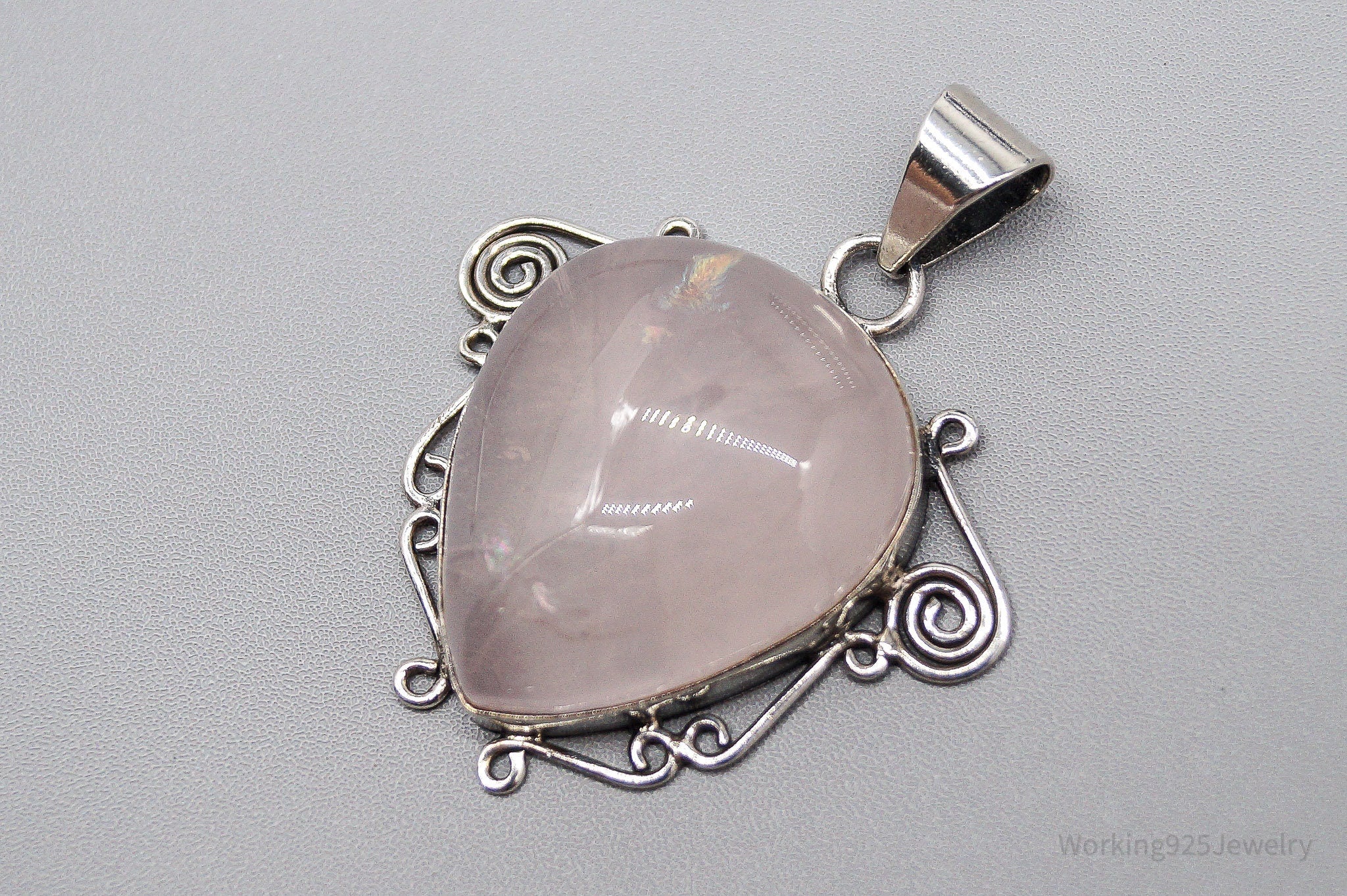 Large Vintage Rose Quartz Sterling Silver Pendant