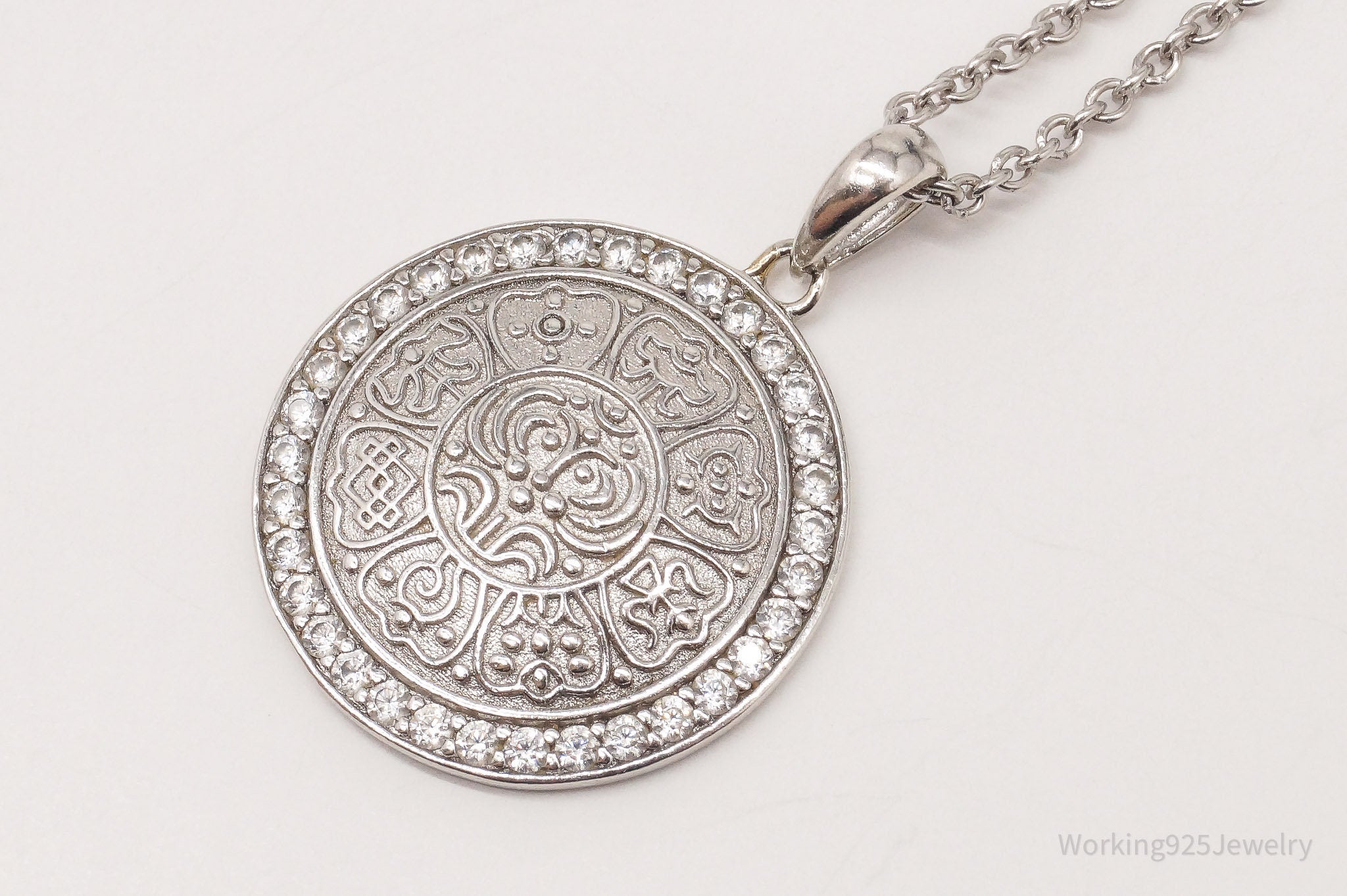 Vintage Ancient Tibet Coin Design CZ Sterling Silver Necklace 18"