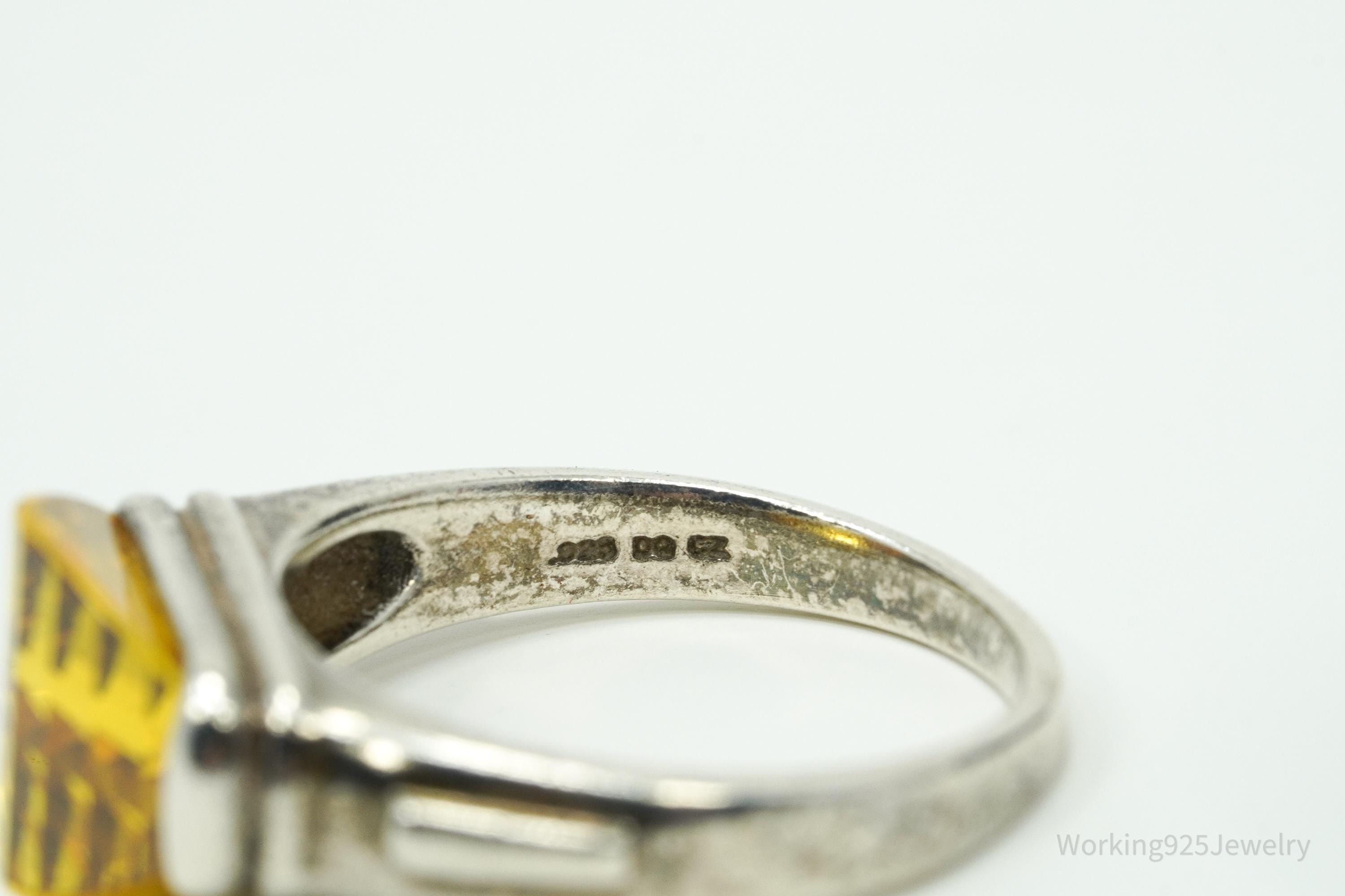 Vintage Yellow Diamonique Cubic Zirconia Sterling Silver Ring Size 9.25