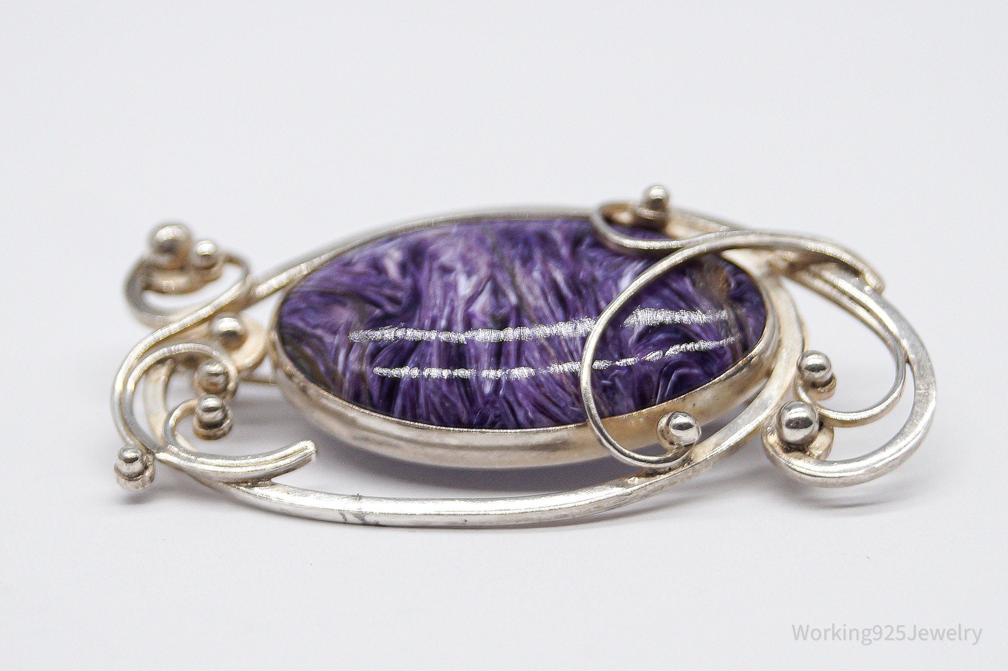 Antique Large Charoite Modernist Style Sterling Silver Russian Brooch Pin