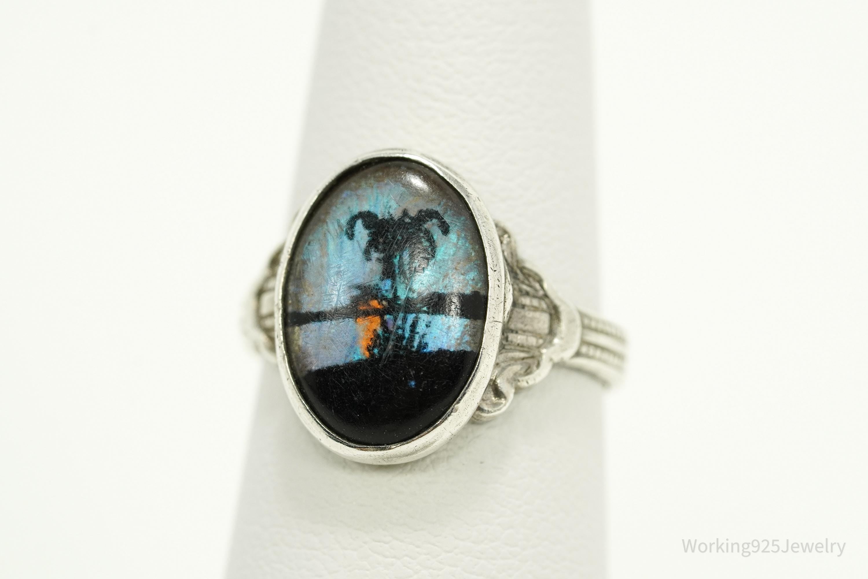 Antique Butterfly Wing Beach Scene Sterling Silver Ring - Size 6