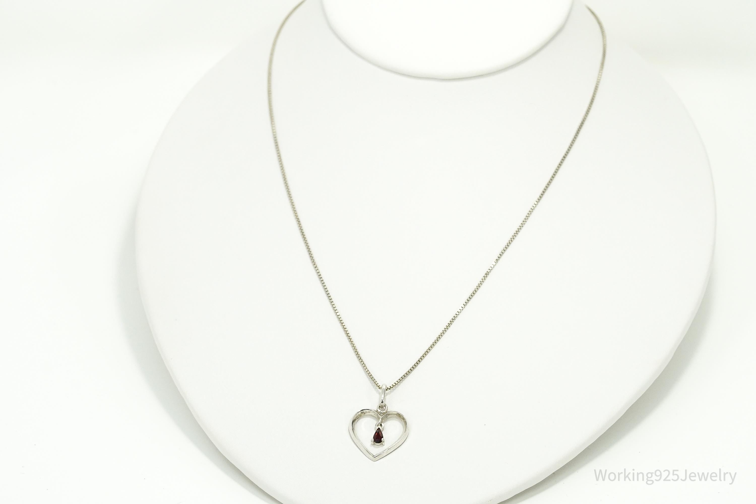 Vintage Garnet Sterling Silver Heart Chain Necklace 18"