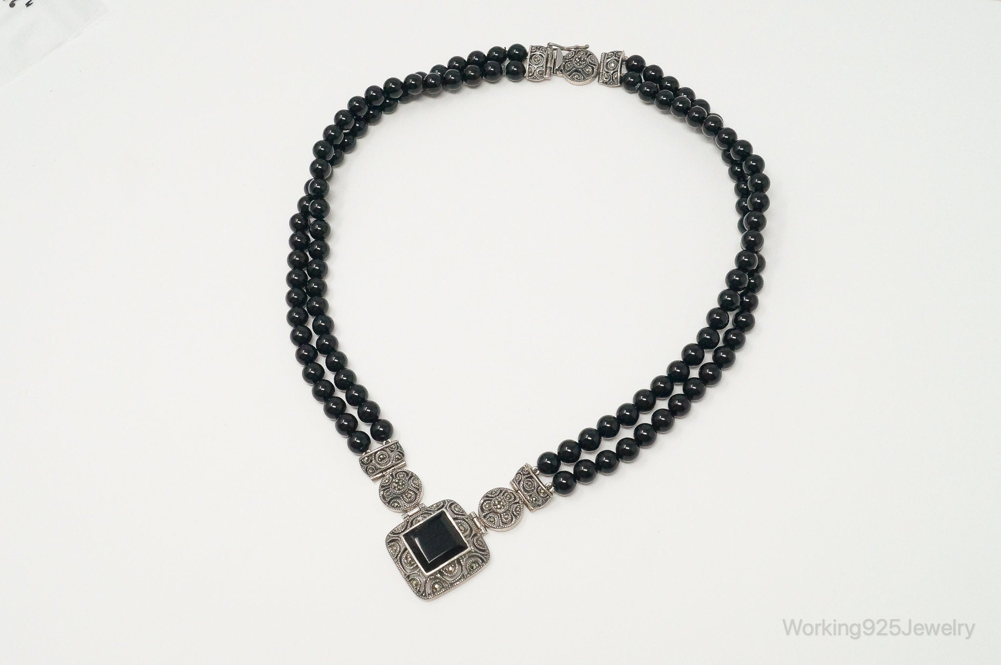 Vintage Designer Judith Jack Black Onyx Marcasite Sterling Silver Necklace