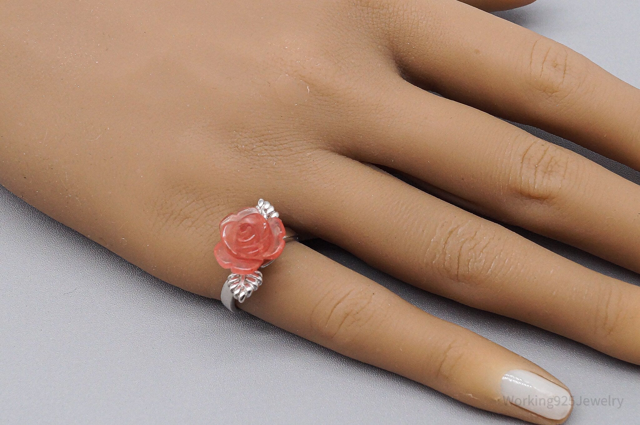 Vintage Pink Plastic Rose Sterling Silver Ring - Size 6