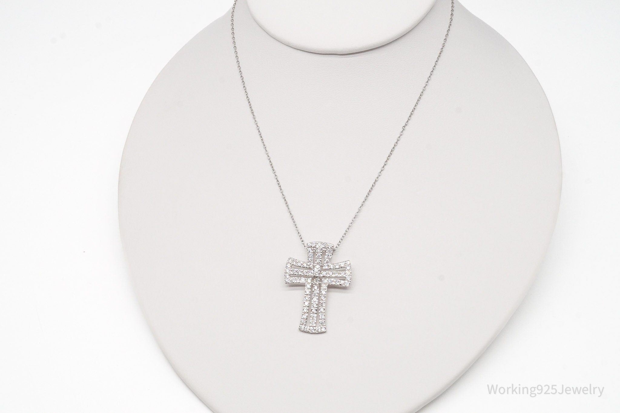 Vintage Cubic Zirconia Cross Sterling Silver Necklace 18"