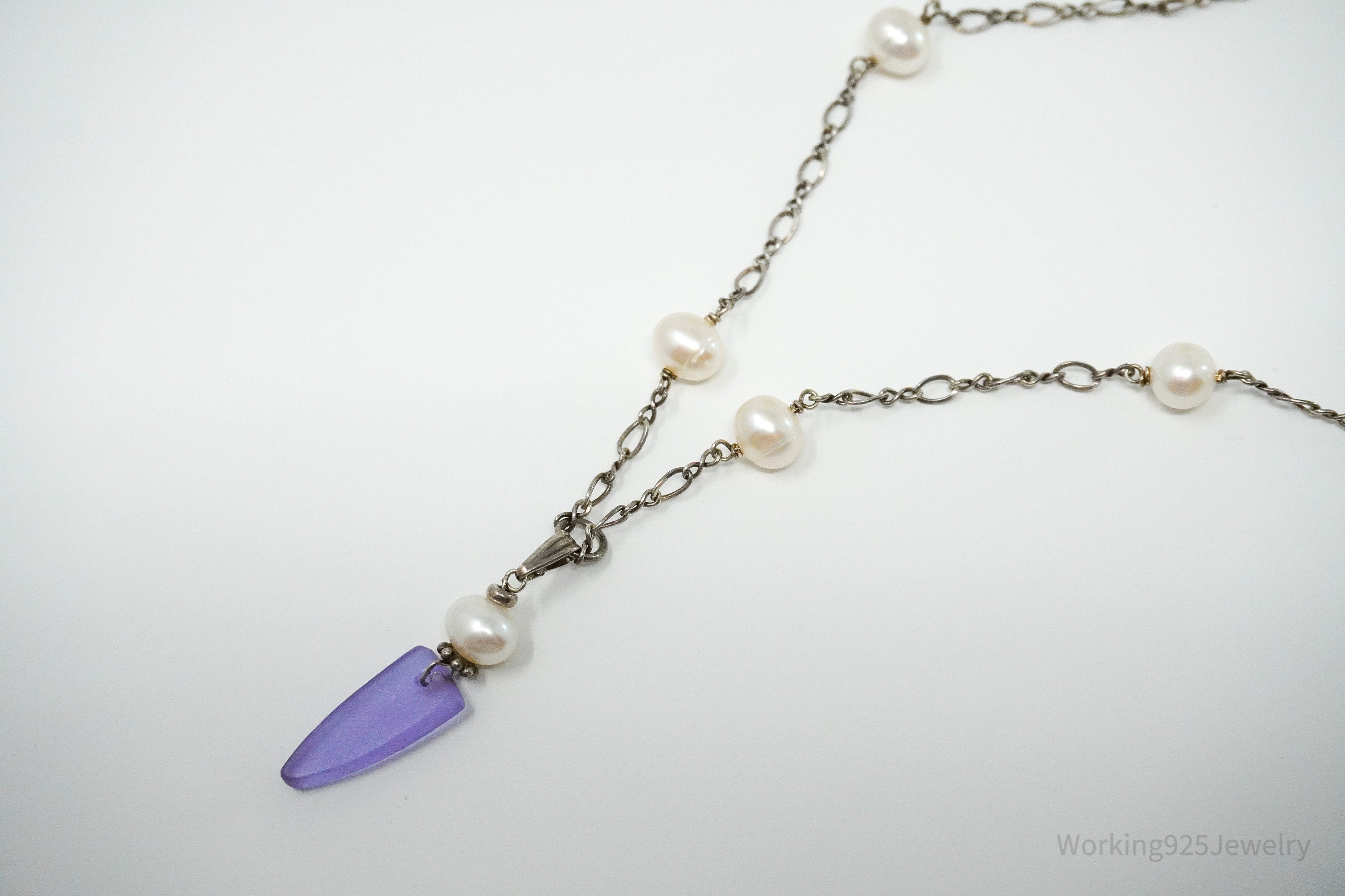 Vintage Pearl & Purple Stone Sterling Silver Necklace 18"