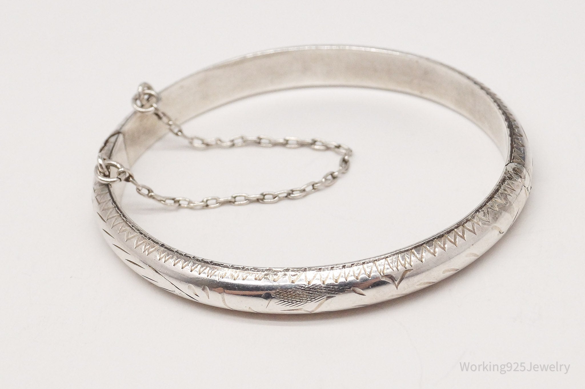 Vintage Etched Sterling Silver Bangle Bracelet 5 3/16"