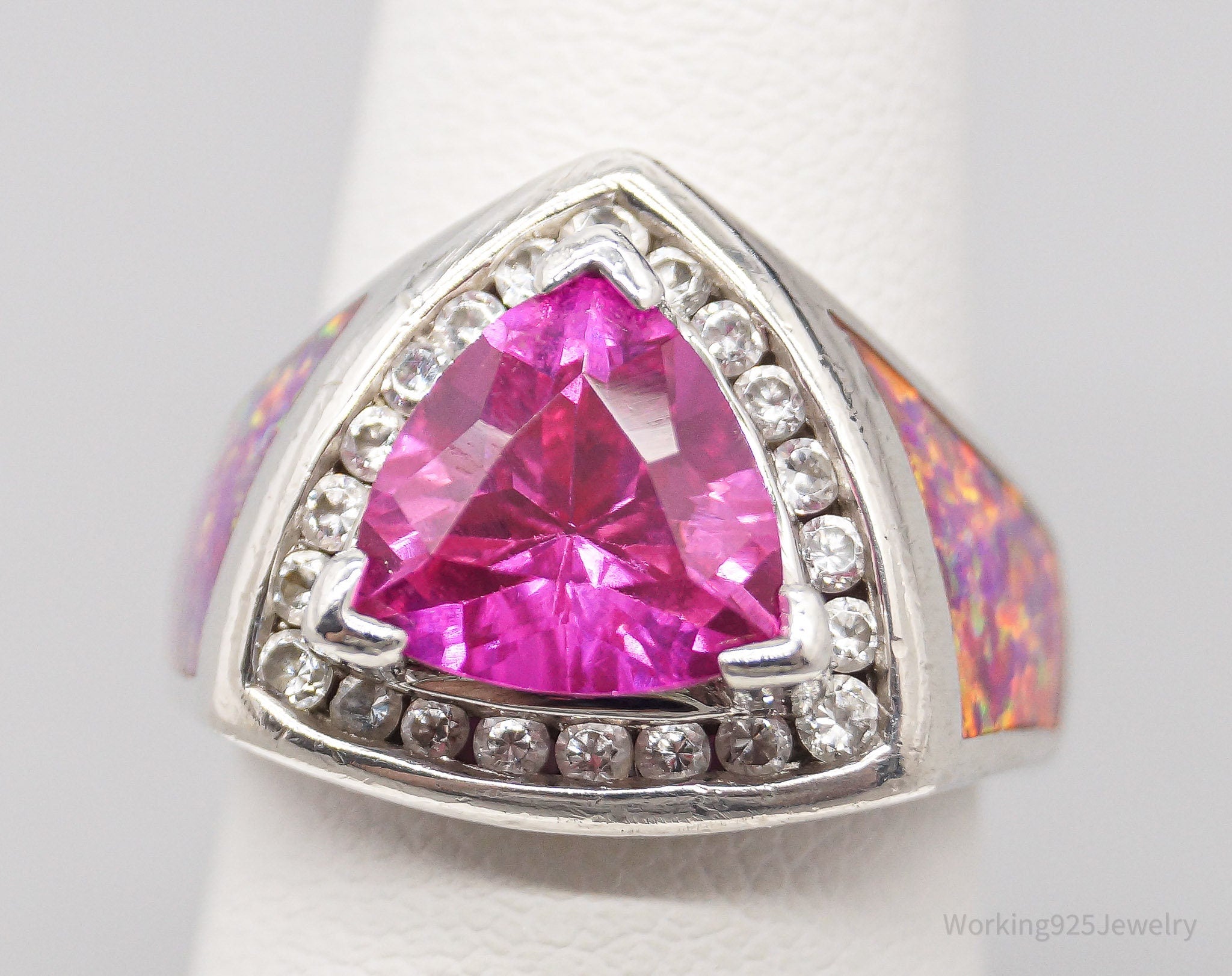 Vintage TGI Pink Sapphire Opal Inlay Cubic Zirconia Sterling Silver Ring - SZ 6